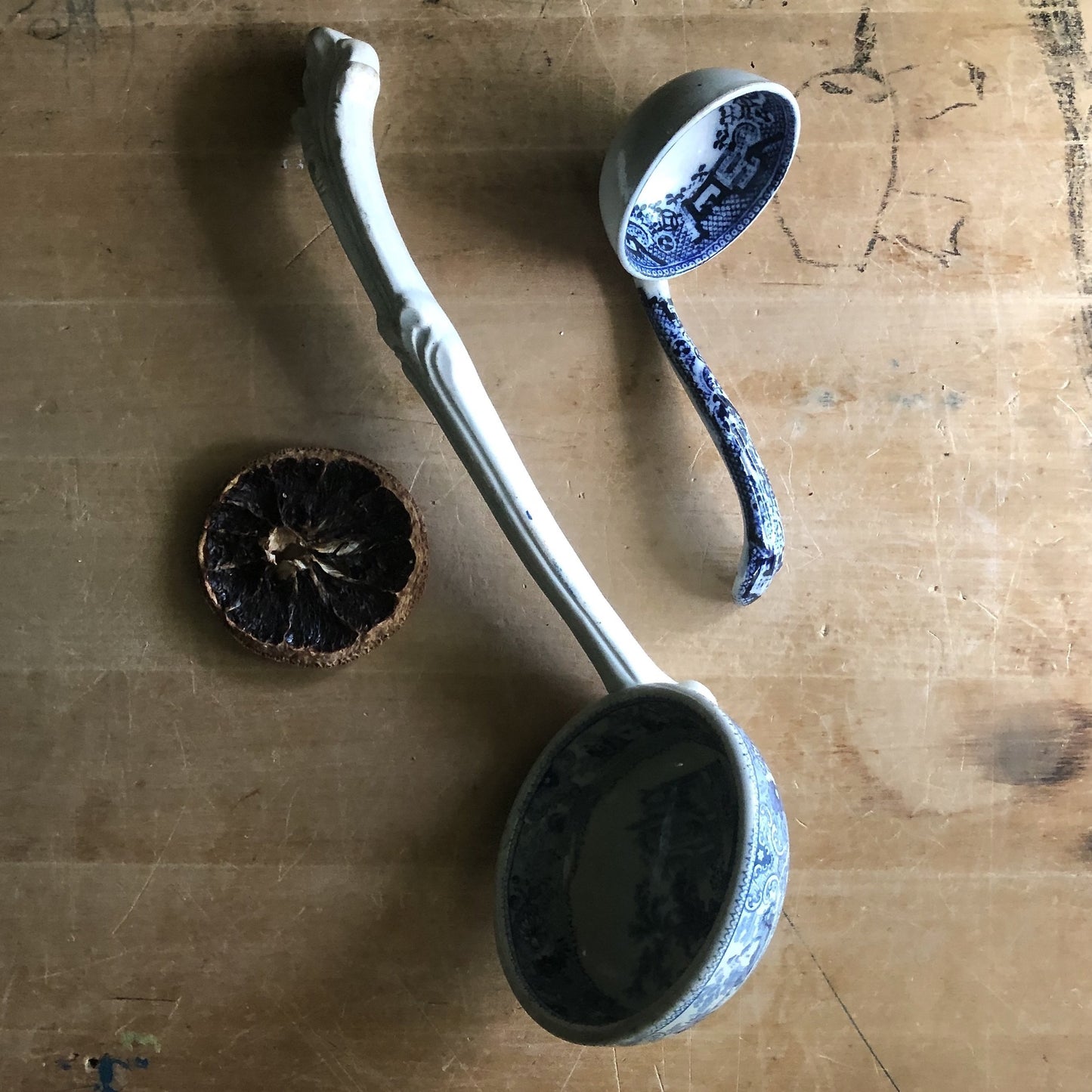 Small Blue Transferware Sauce Ladle (c.1800s)