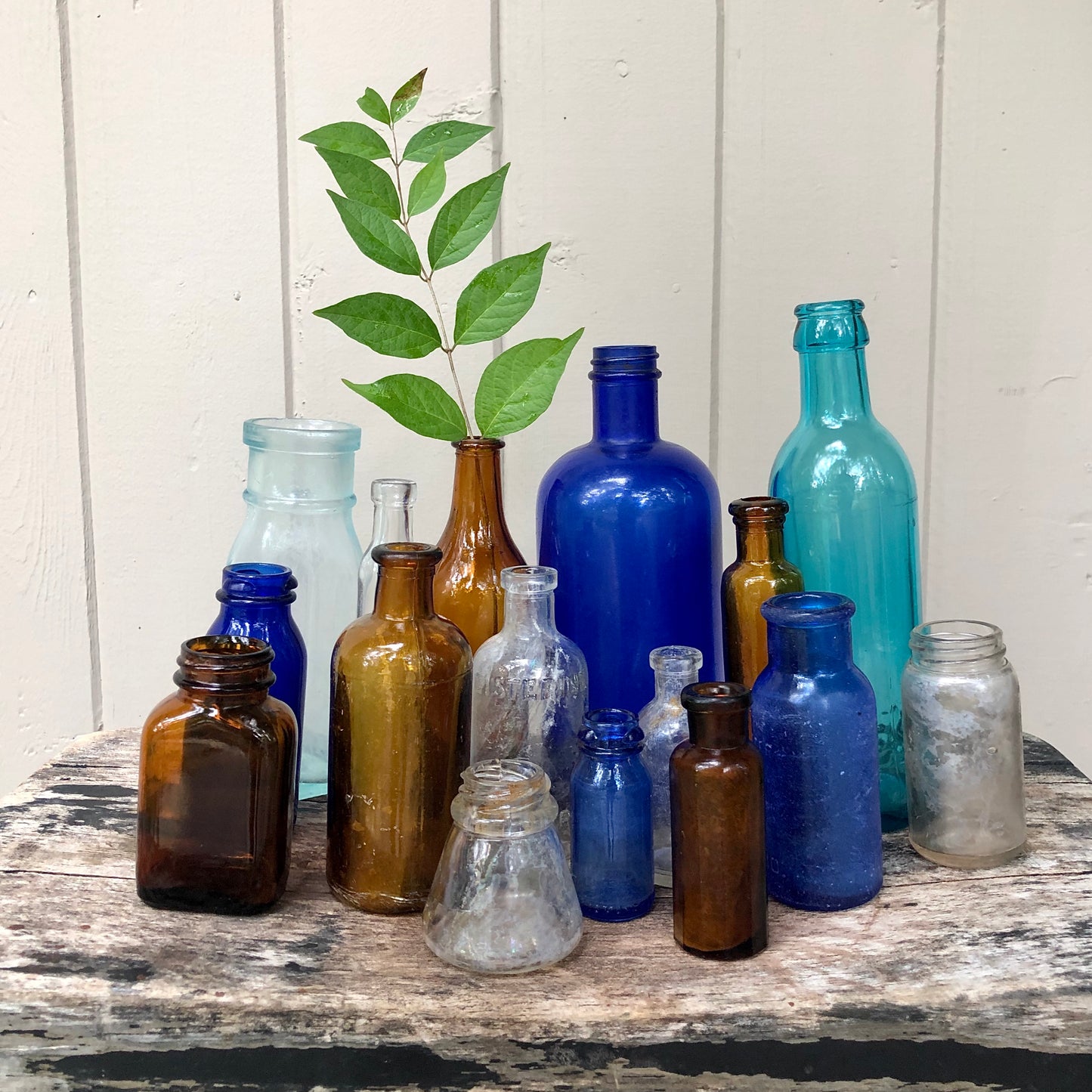 Antique Glass Apothecary Bottles, Set of 16