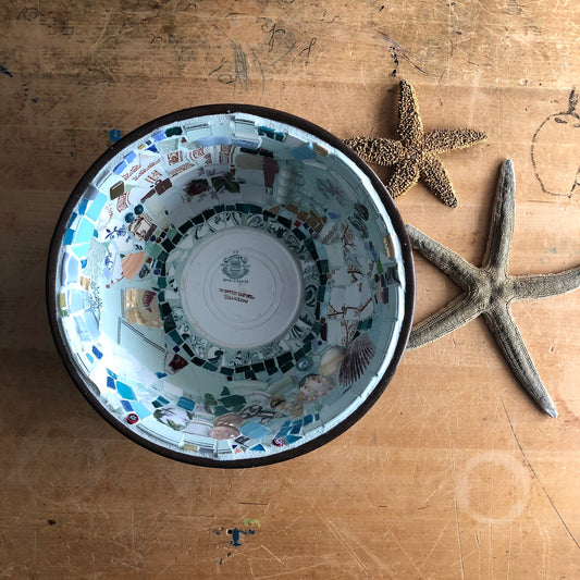 Vintage Brown Pottery Mixing Bowl with Upcycled Mosaic Design