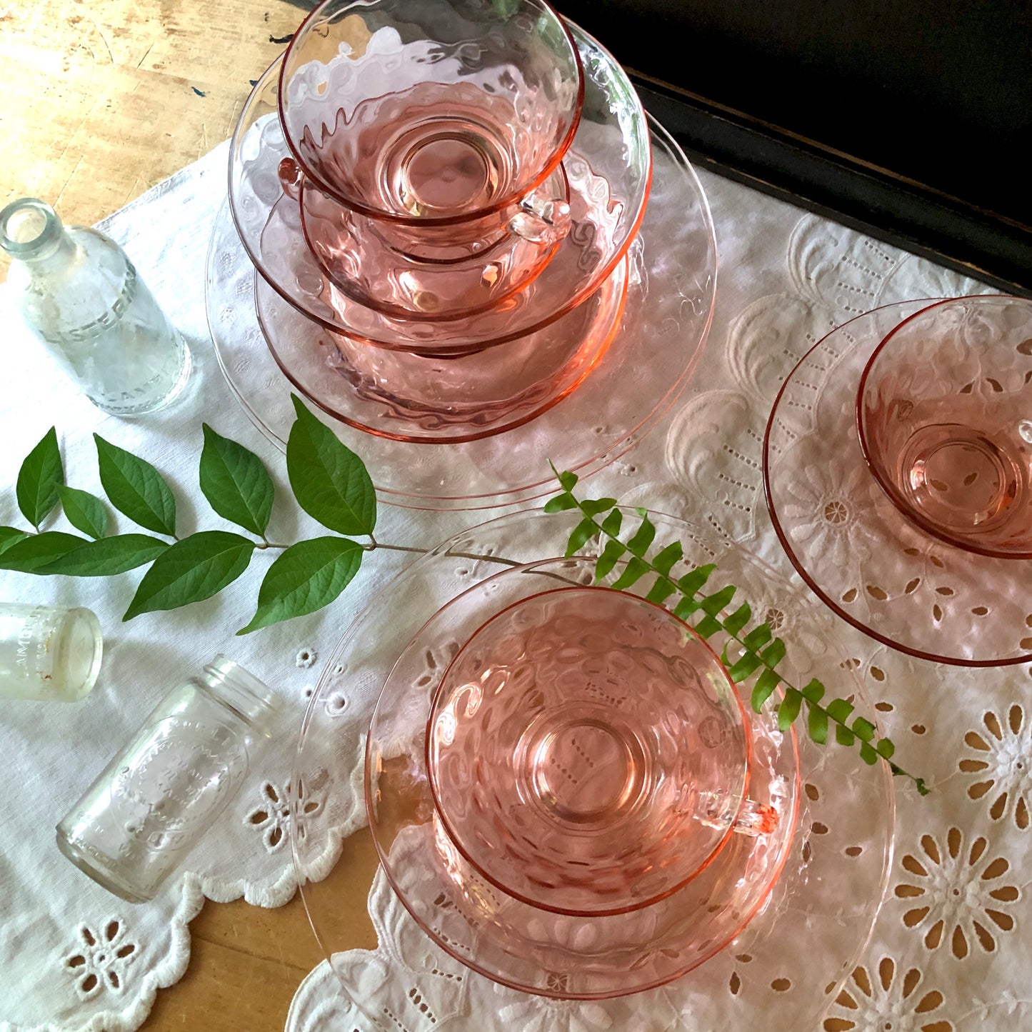 Cambridge Pink Depression Glass Dessert Set, Aero Optic Pattern (c.1930s)