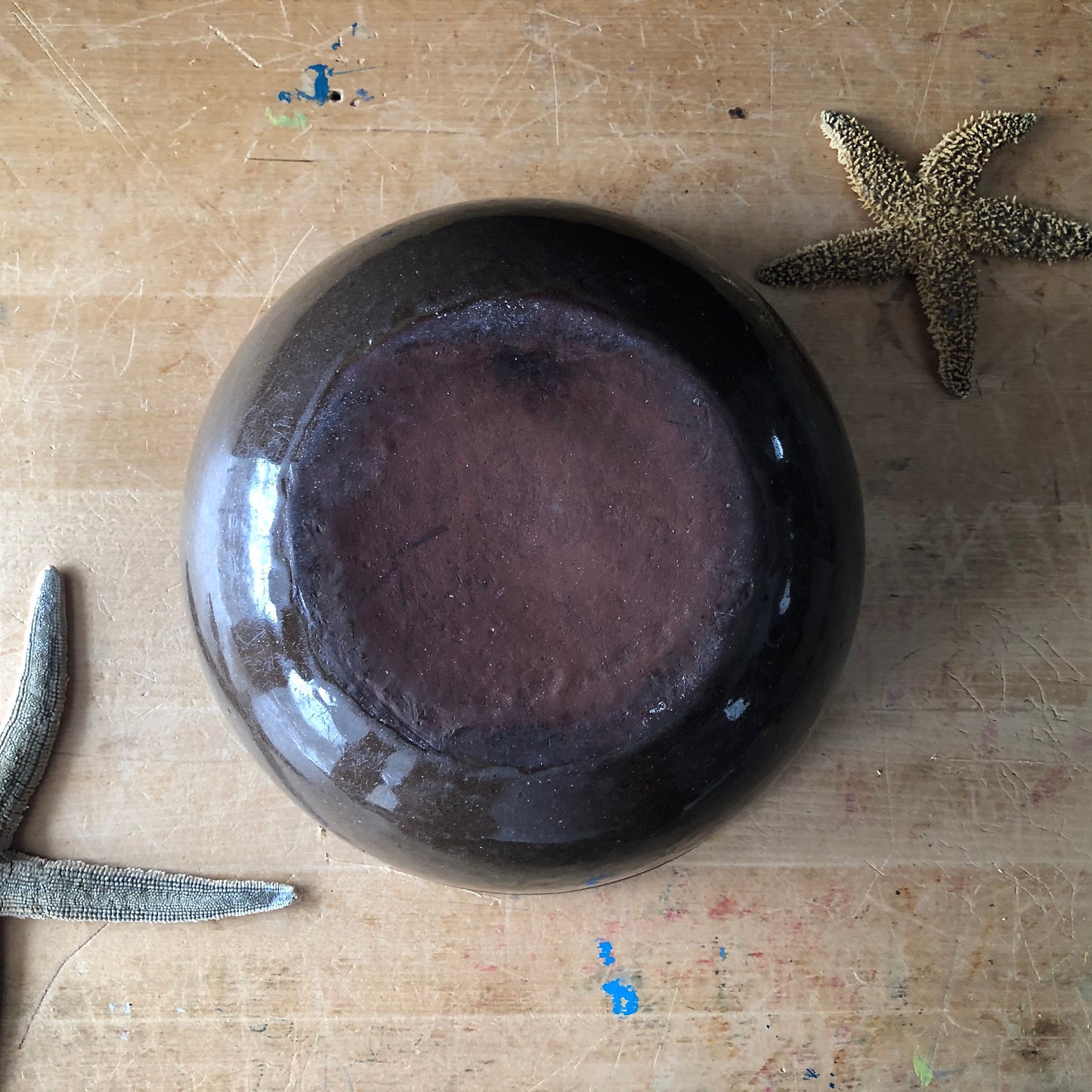 Vintage Brown Pottery Mixing Bowl with Upcycled Mosaic Design