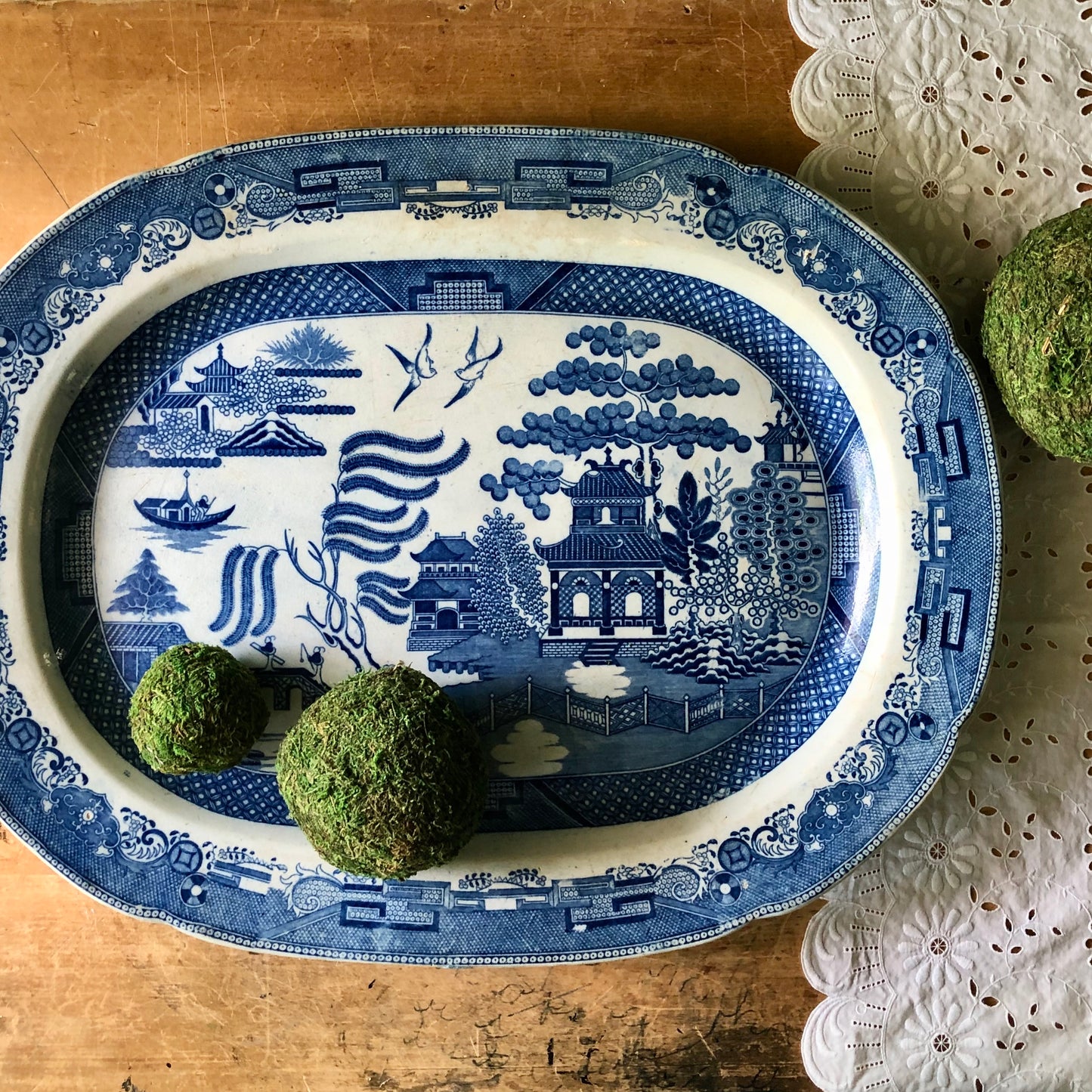 Extra Large Blue Willow Transferware Meat Platter (c.1800s)