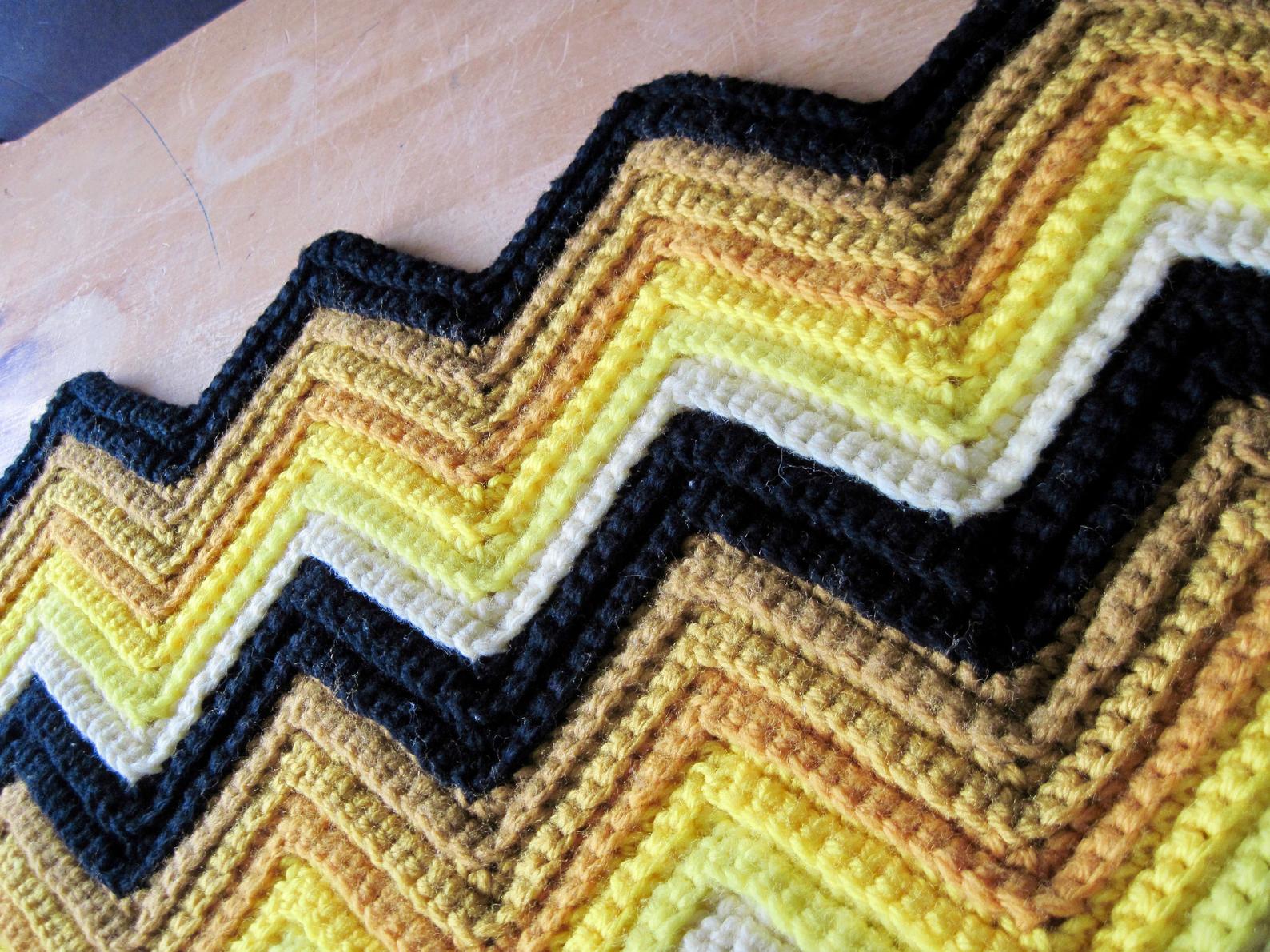 Vintage Crochet Yellow Chevron Afghan Throw, Zig Zag Blanket (c.1960s)
