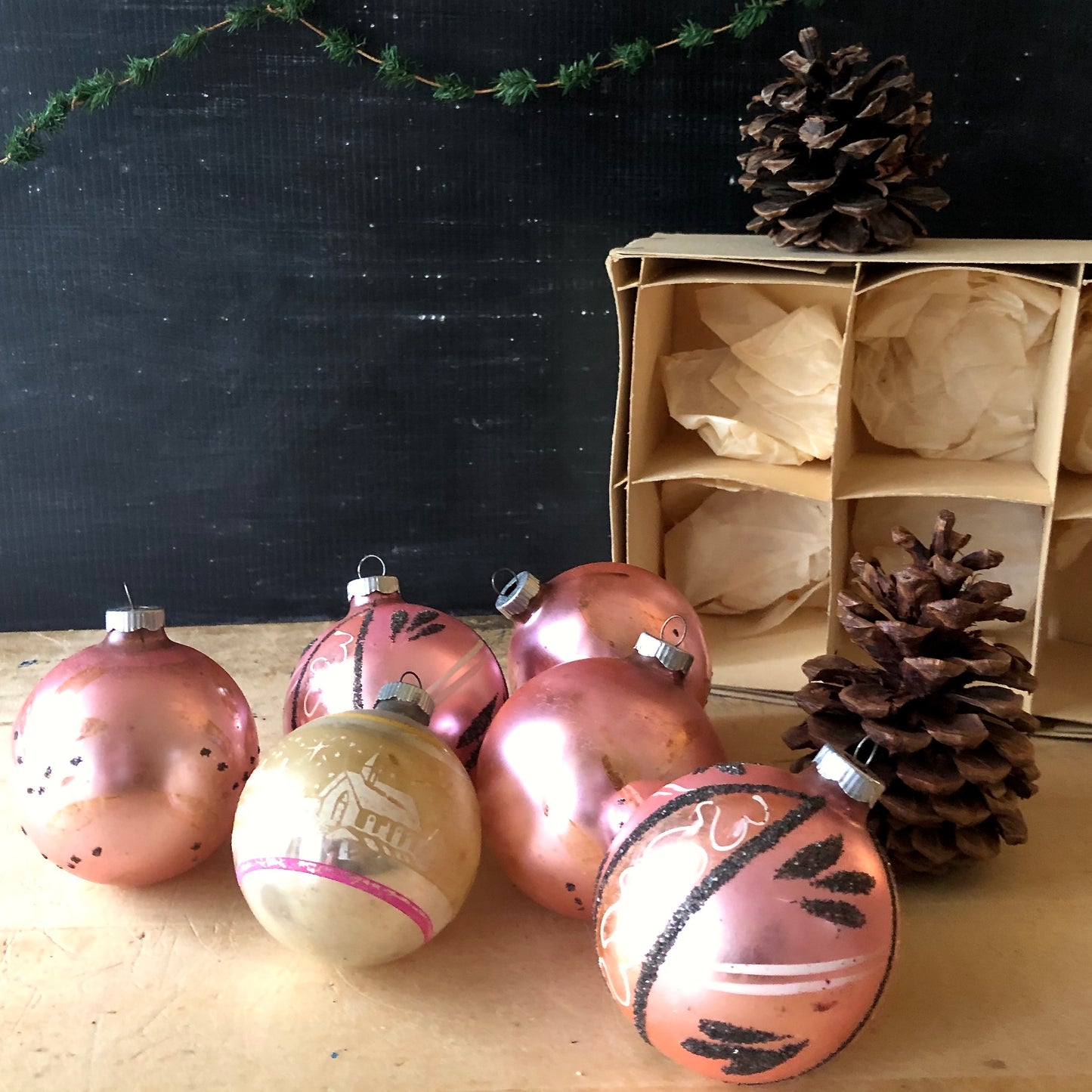 Pale Pink Shiny Brite Glitter Ornaments (c.1950s)