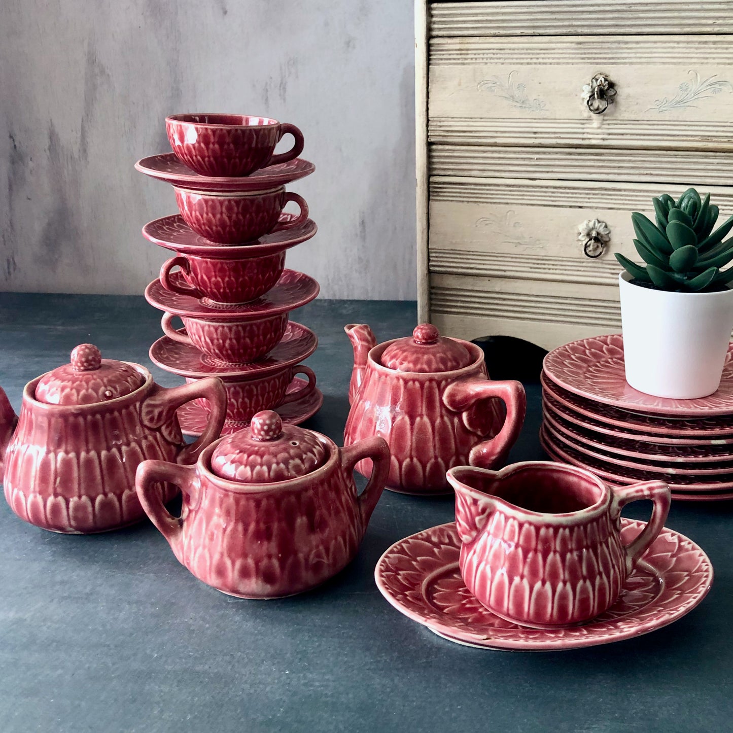 Vintage Pink Majolica Child's Tea Set (c.1930s)