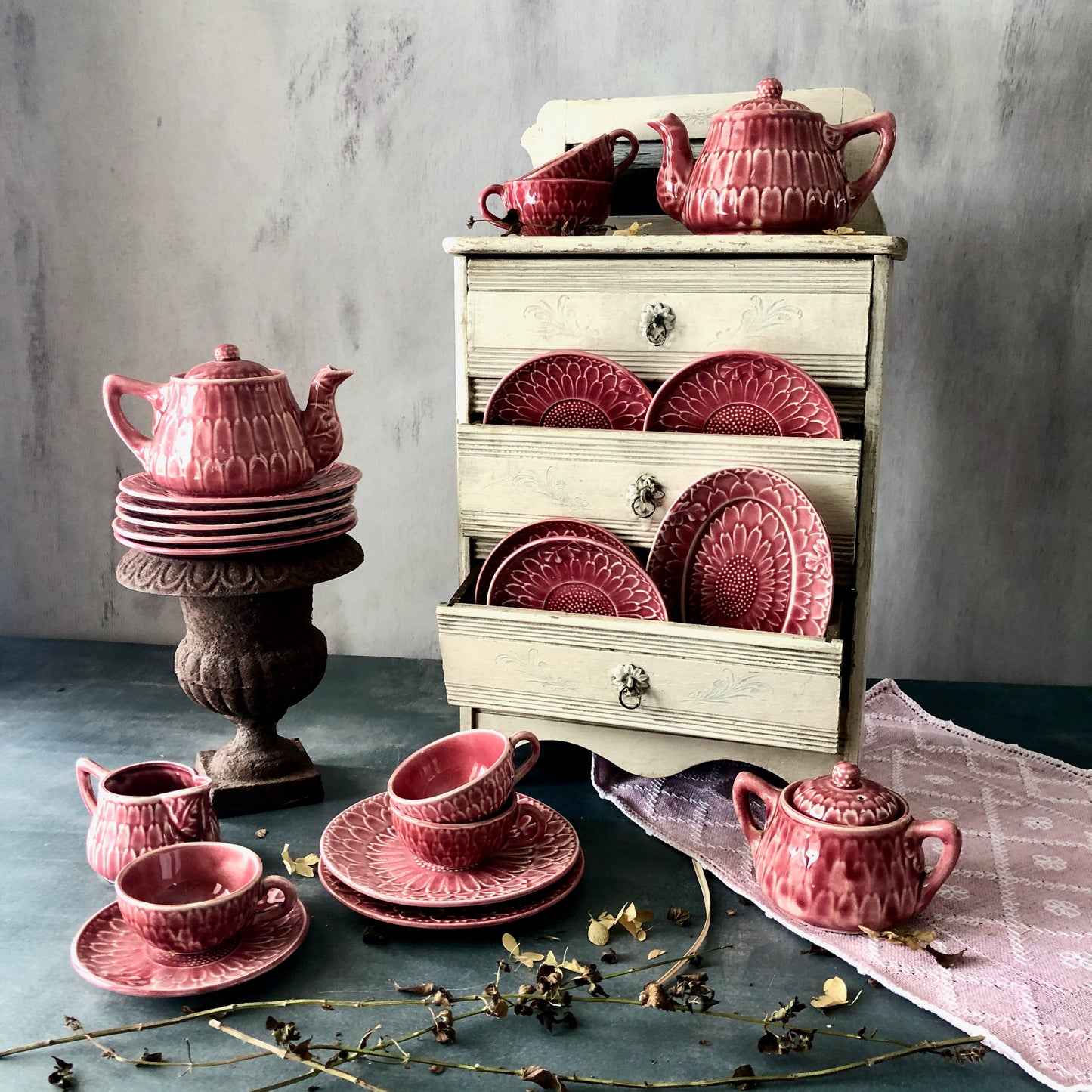 Vintage Pink Majolica Child's Tea Set (c.1930s)