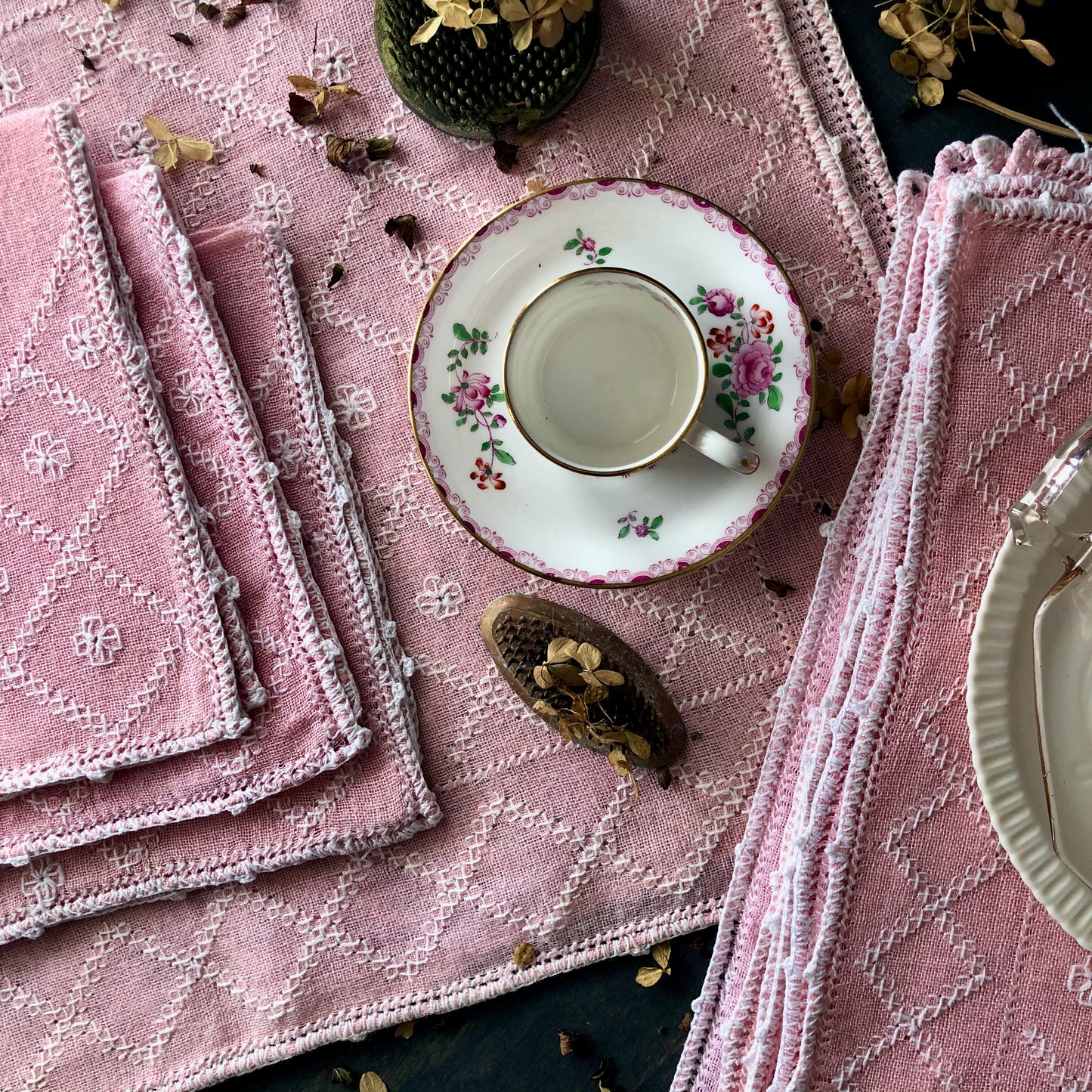 Pink Cottage Style Embroidered Table Linens (c.1960s)