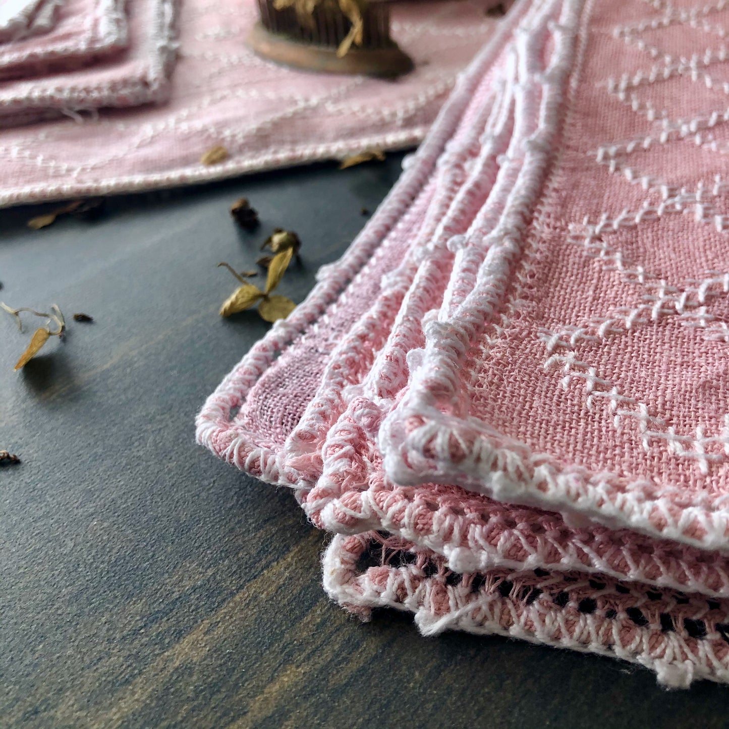 Pink Cottage Style Embroidered Table Linens (c.1960s)