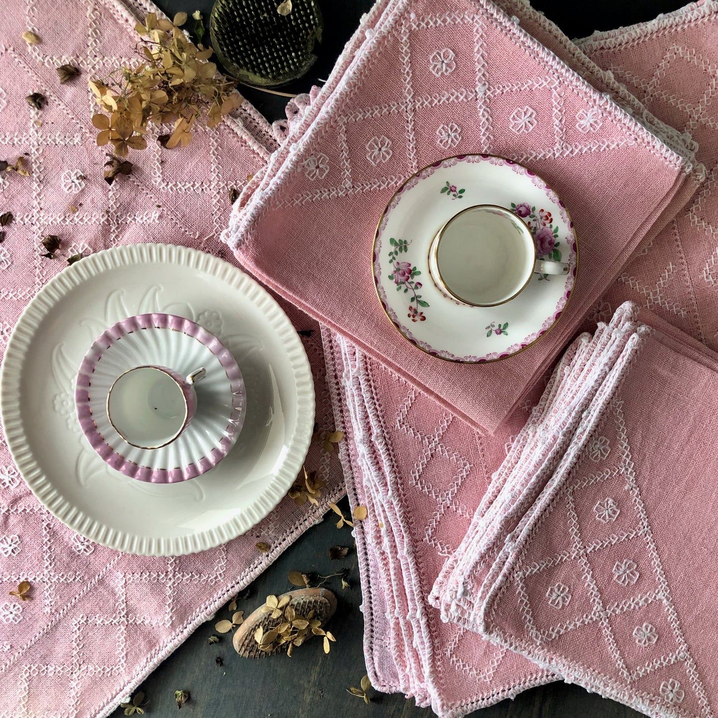 Pink Cottage Style Embroidered Table Linens (c.1960s)