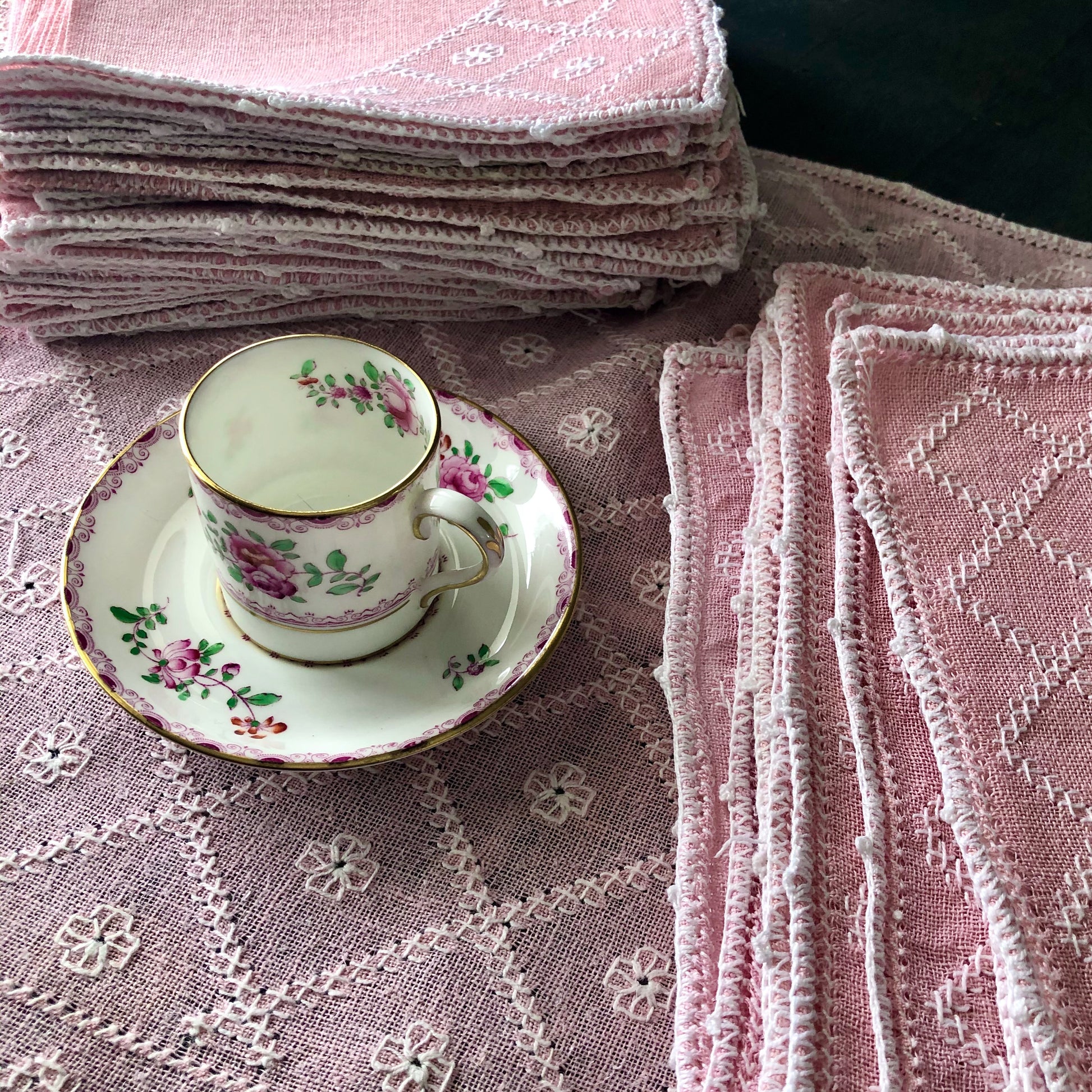Pink Cottage Style Embroidered Table Linens (c.1960s)