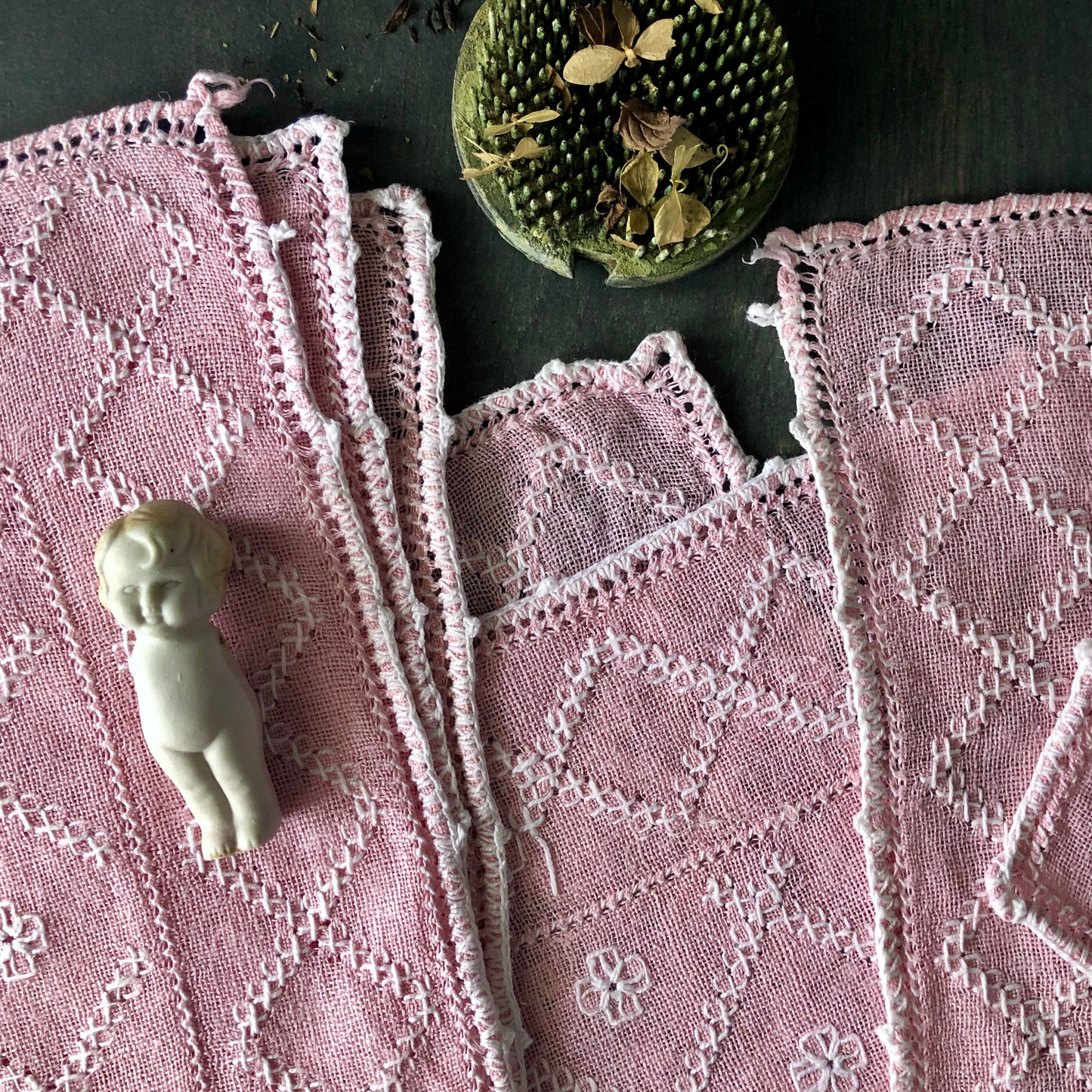 Pink Cottage Style Embroidered Table Linens (c.1960s)