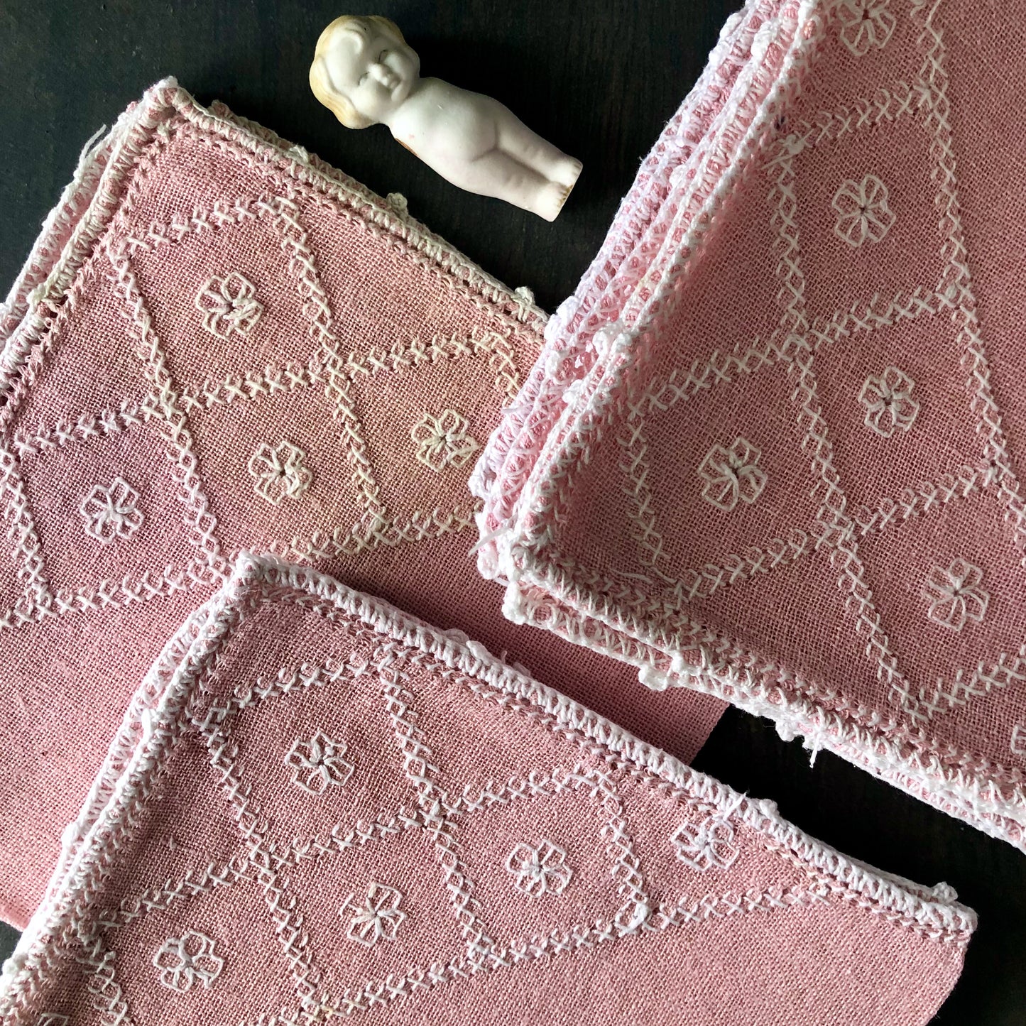 Pink Cottage Style Embroidered Table Linens (c.1960s)