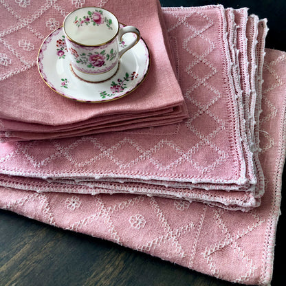 Pink Cottage Style Embroidered Table Linens (c.1960s)