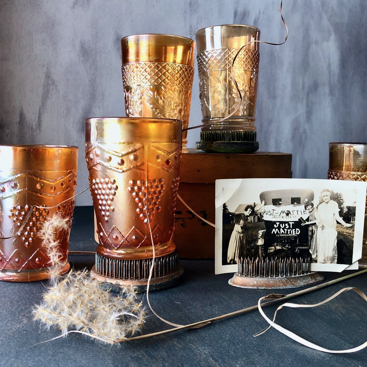 Antique Marigold Carnival Glass Tumblers, Set of Five (c.1900s)