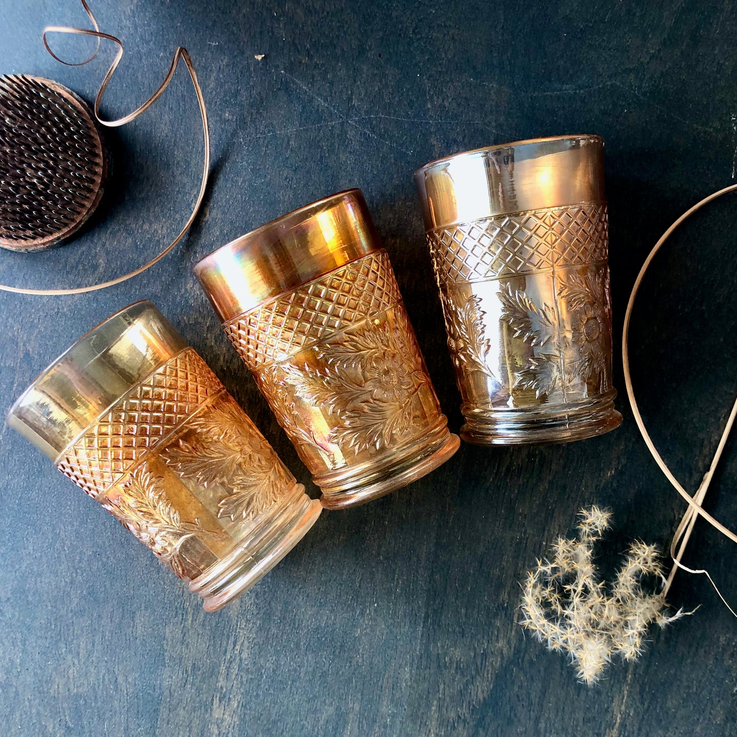 Antique Marigold Carnival Glass Tumblers, Set of Five (c.1900s)