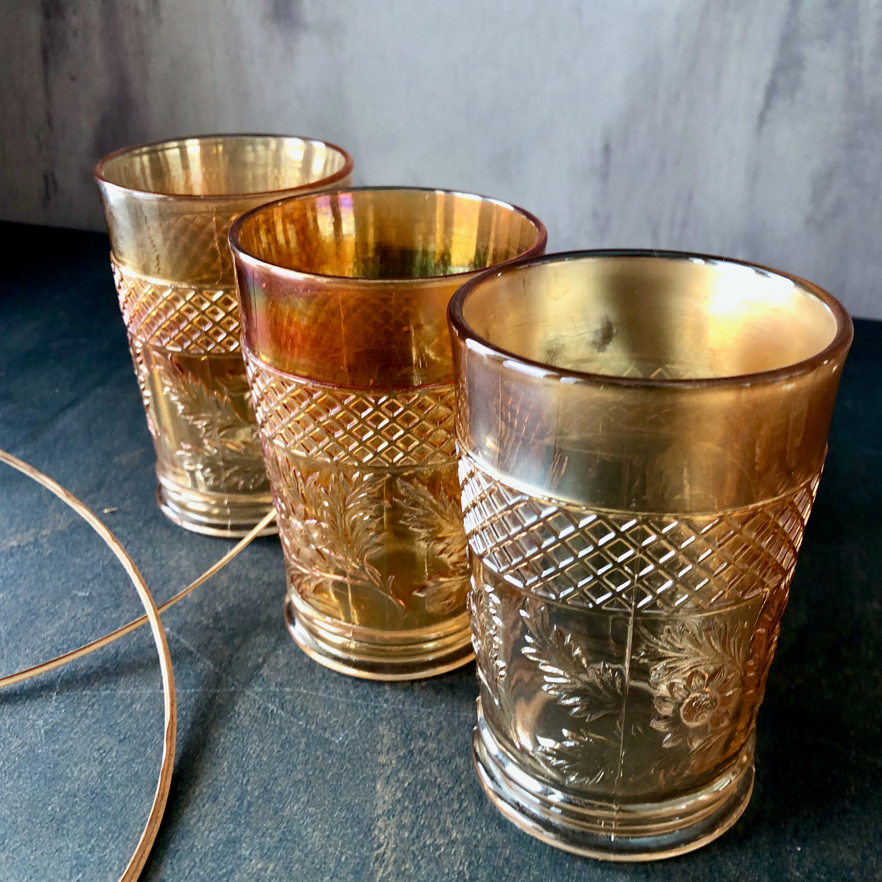 Circa 1910's Antique Fenton Paneled Dandelion Marigold Carnival Glass outlet Tumblers