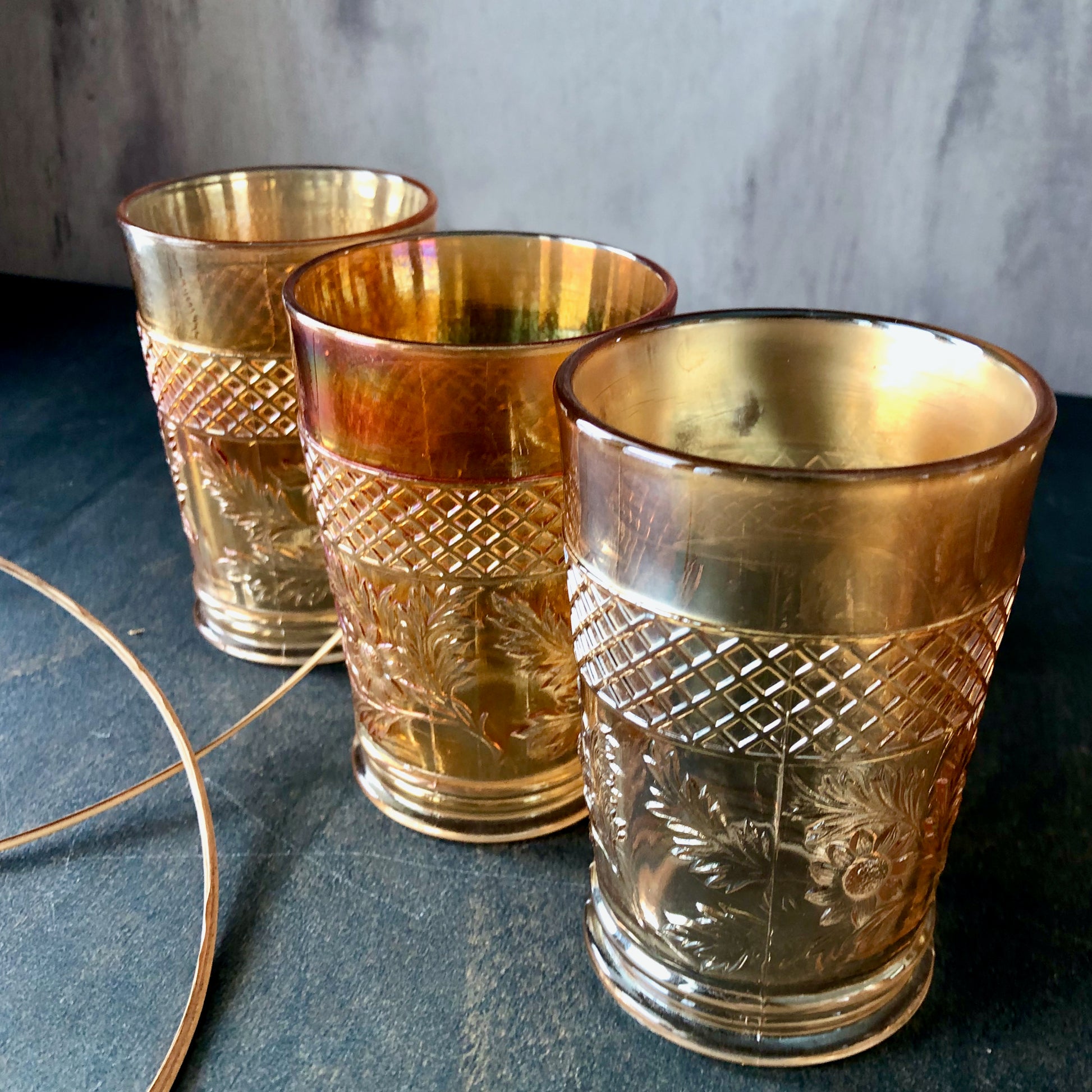 Antique Marigold Carnival Glass Tumblers, Set of Five (c.1900s)