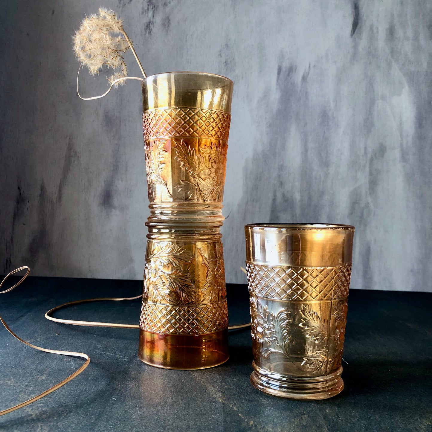 Antique Marigold Carnival Glass Tumblers, Set of Five (c.1900s)