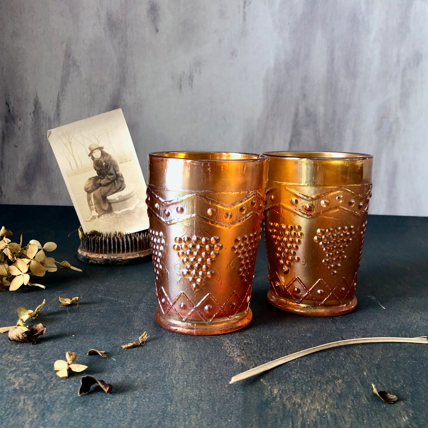 Antique Marigold Carnival Glass Tumblers, Set of Five (c.1900s)