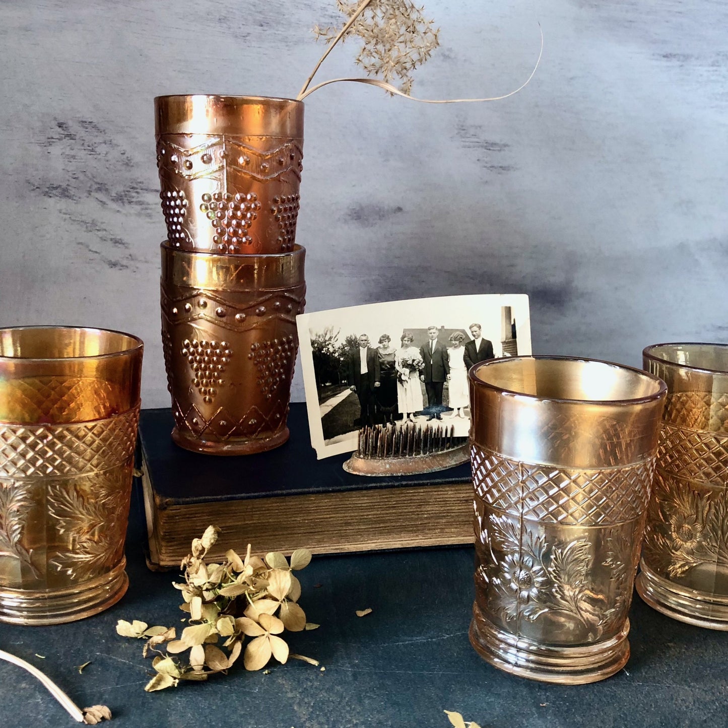 Antique Marigold Carnival Glass Tumblers, Set of Five (c.1900s)