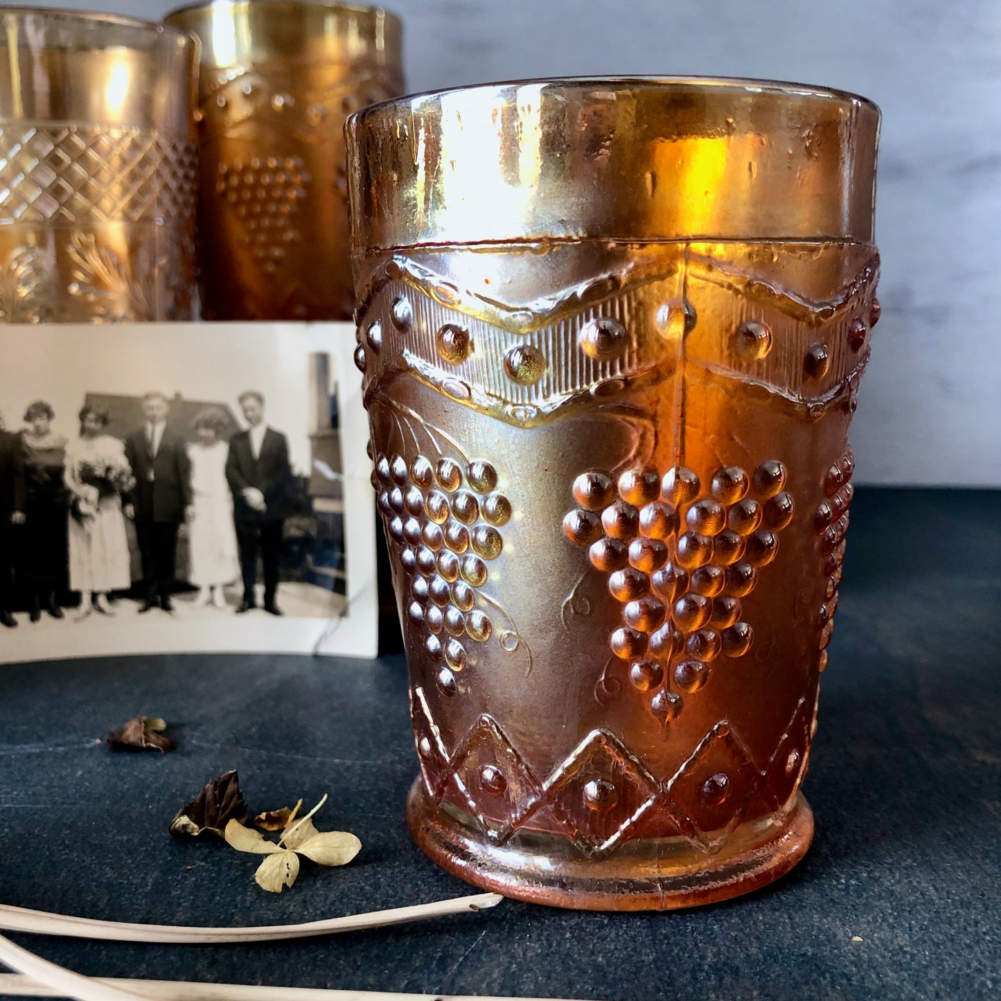 Antique Marigold Carnival Glass Tumblers, Set of Five (c.1900s)