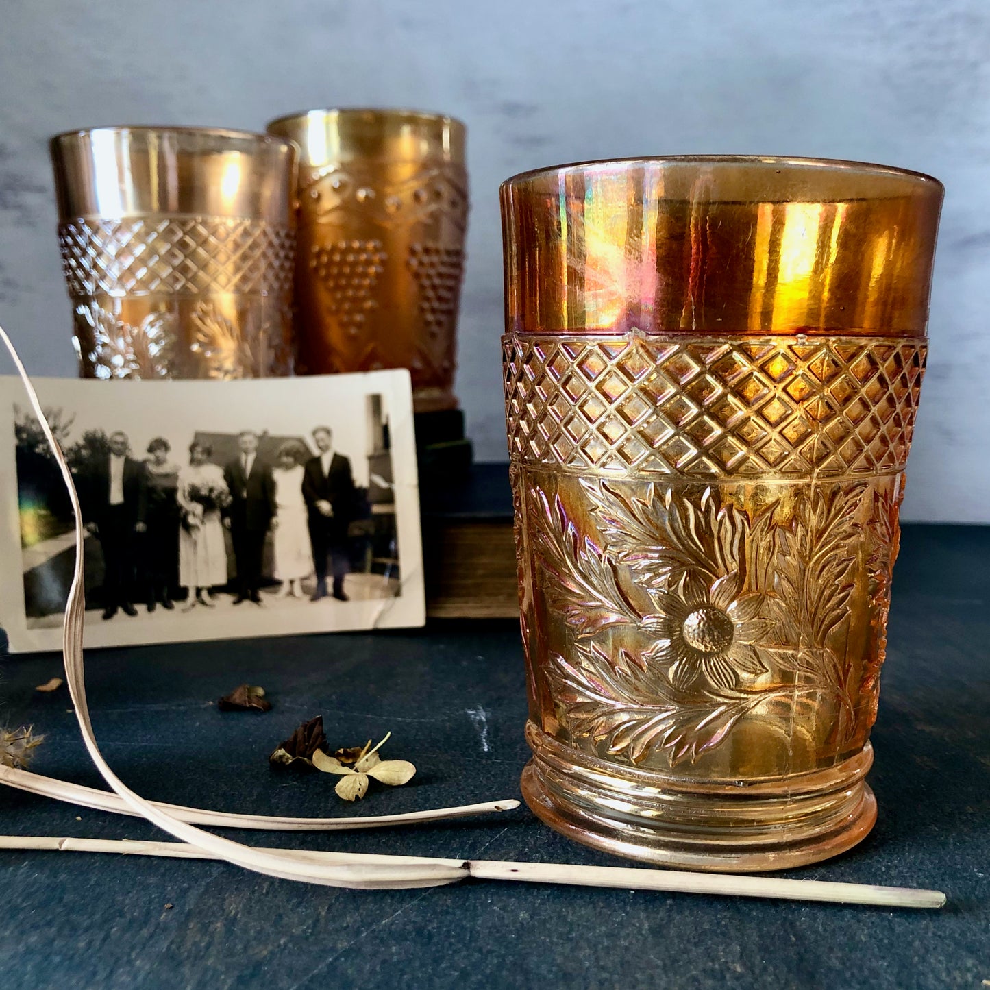 Antique Marigold Carnival Glass Tumblers, Set of Five (c.1900s)