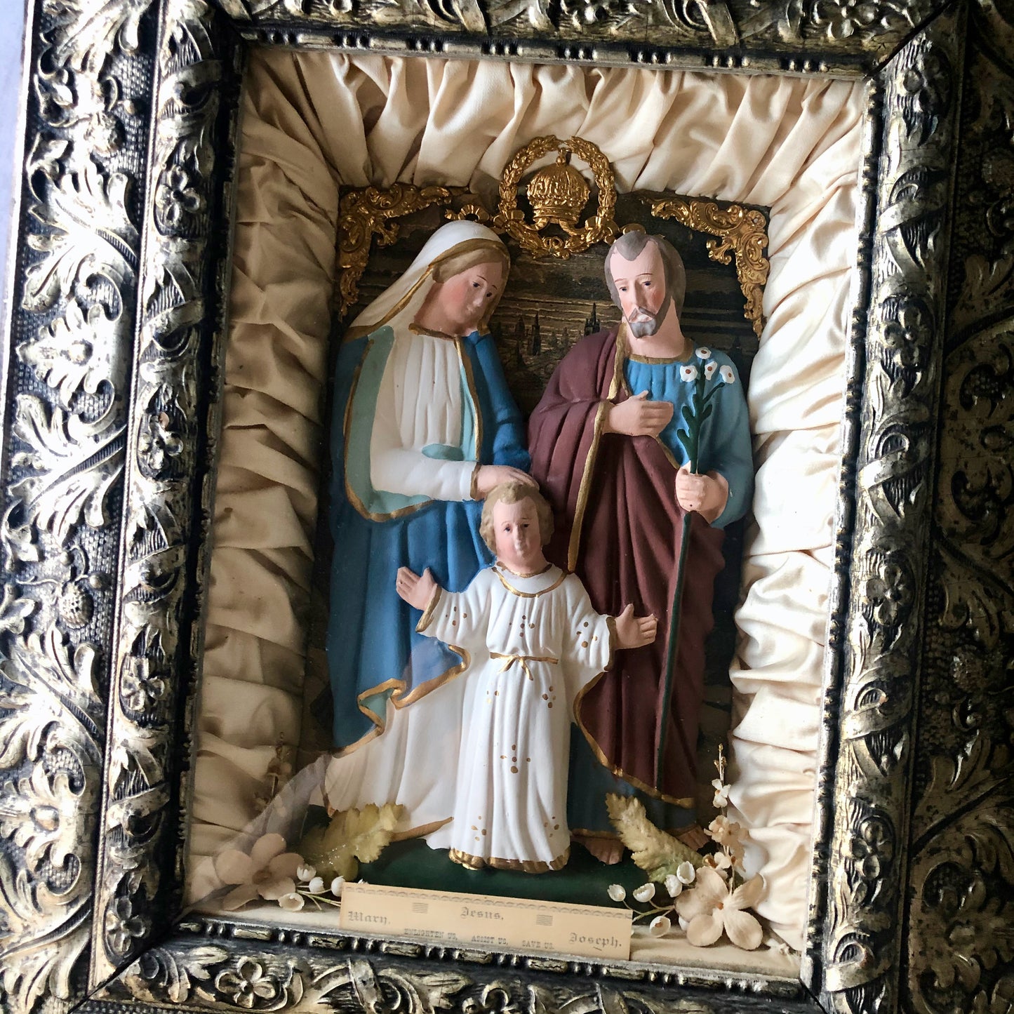 Antique Chalkware Religious Shadow Box with Holy Family (c.1900s)