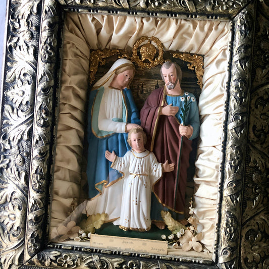 Antique Chalkware Religious Shadow Box with Holy Family (c.1900s)