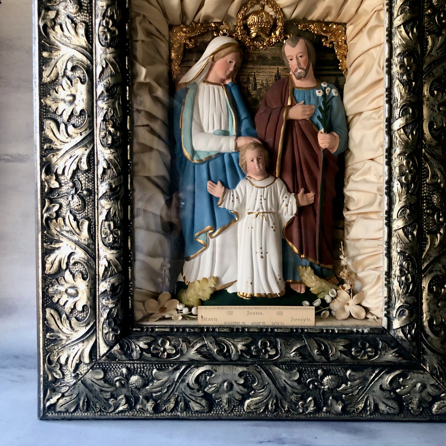 Antique Chalkware Religious Shadow Box with Holy Family (c.1900s)