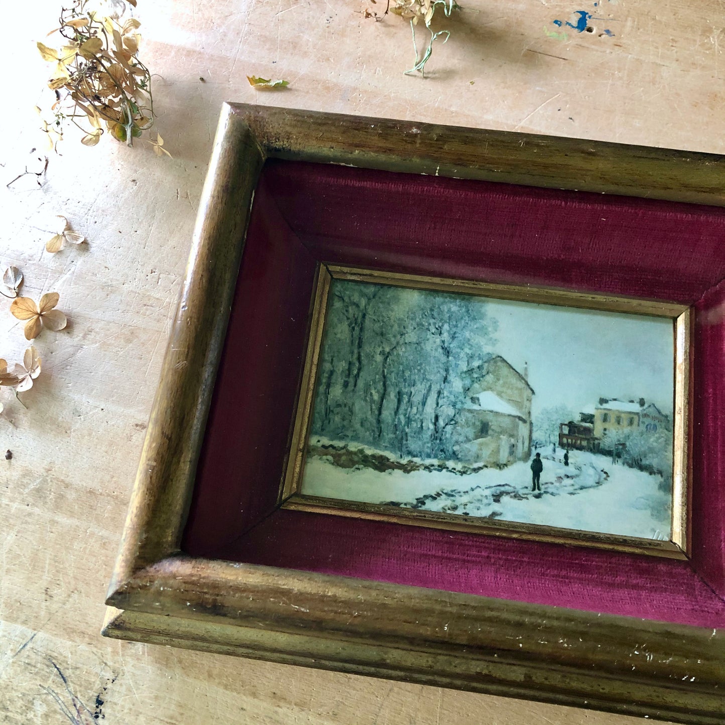 Charming Vintage Framed Print of Winter Scene