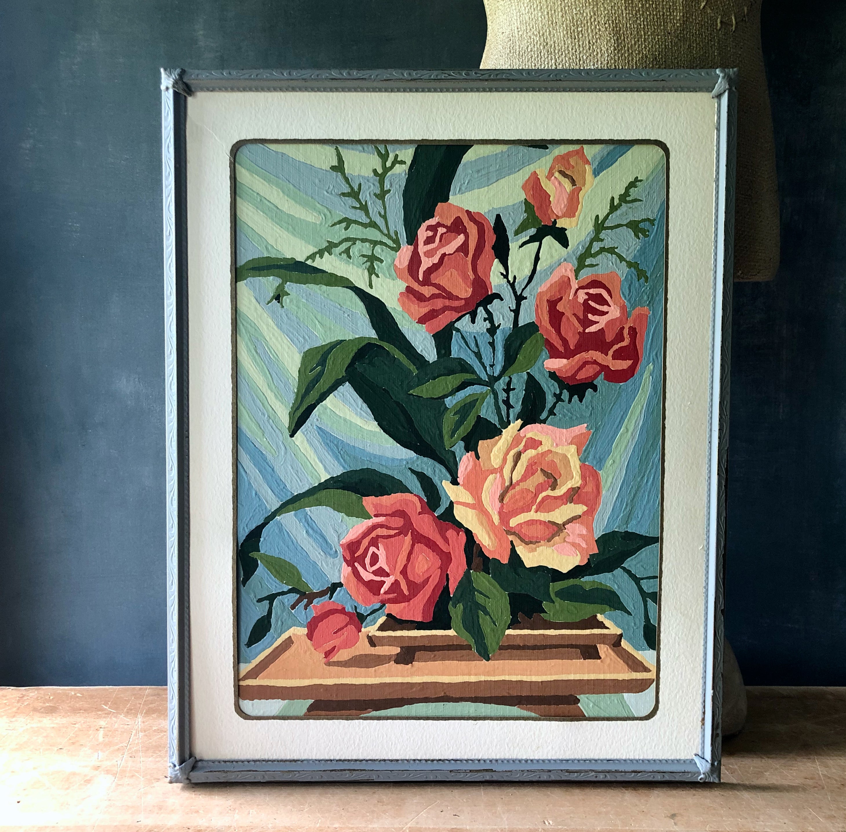 Vintage Paint By Number Framed Rose Floral Painting Rush Creek