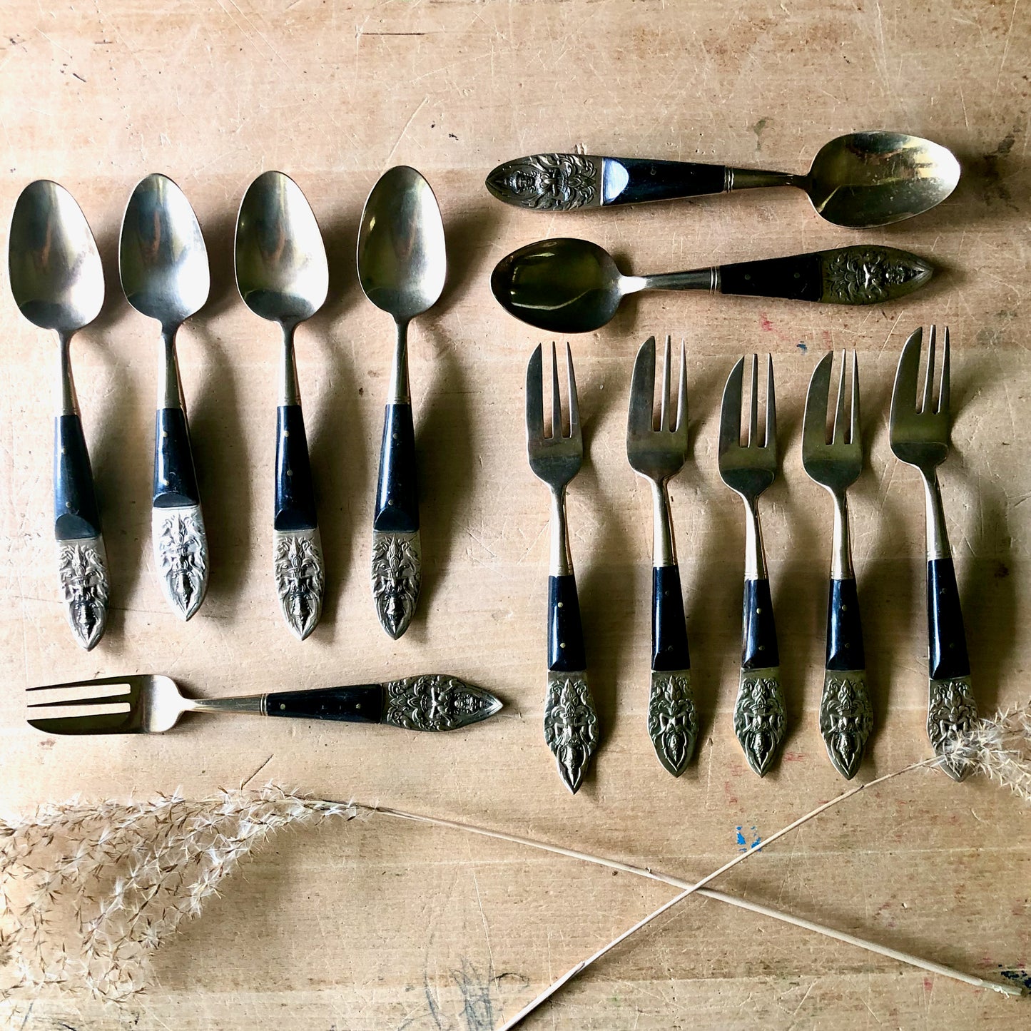 Vintage Bronze and Rosewood Siam Buddha Flatware (c.1960s)