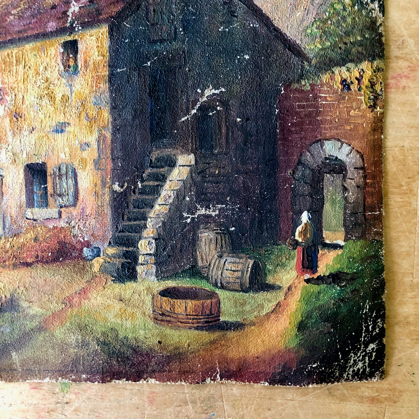 Antique Oil Painting of Rural Cottage Scene (c.1800s)