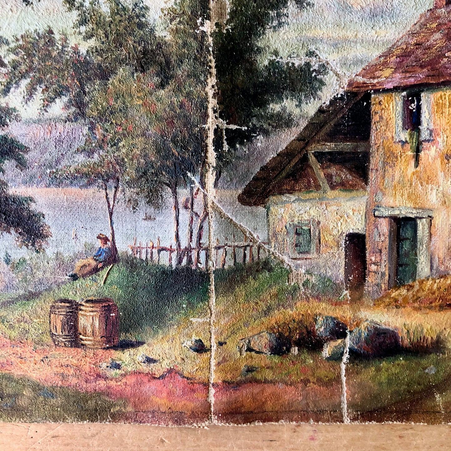 Antique Oil Painting of Rural Cottage Scene (c.1800s)