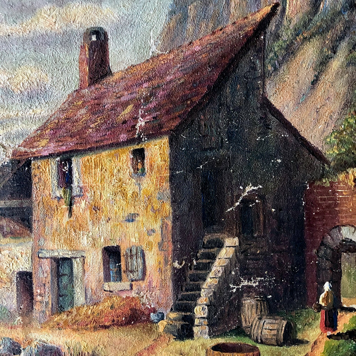 Antique Oil Painting of Rural Cottage Scene (c.1800s)