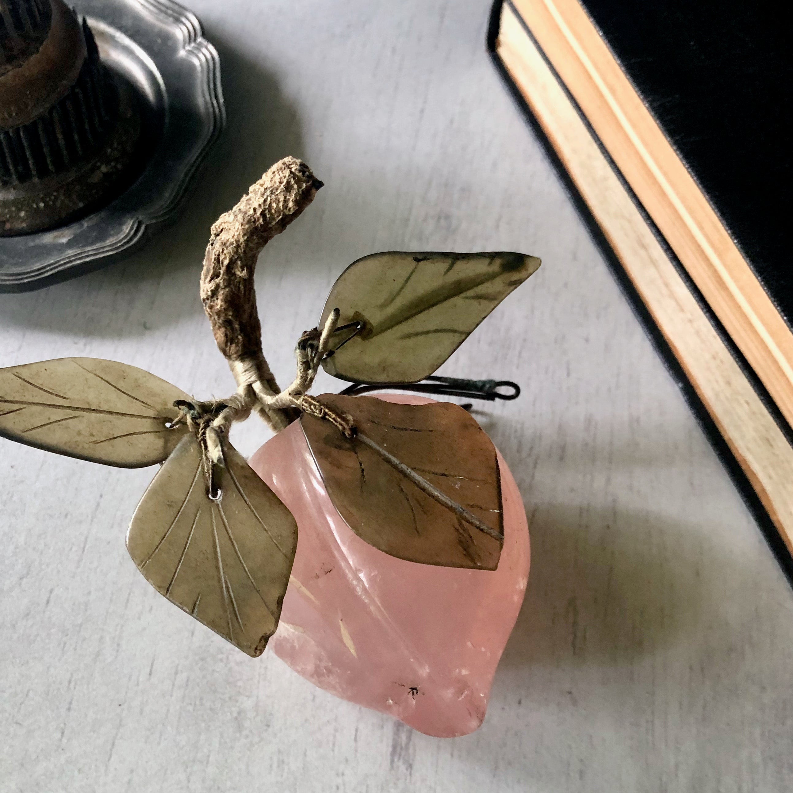 Gorgeous sold vintage carved jade and rose quartz fruit in the shape of plums