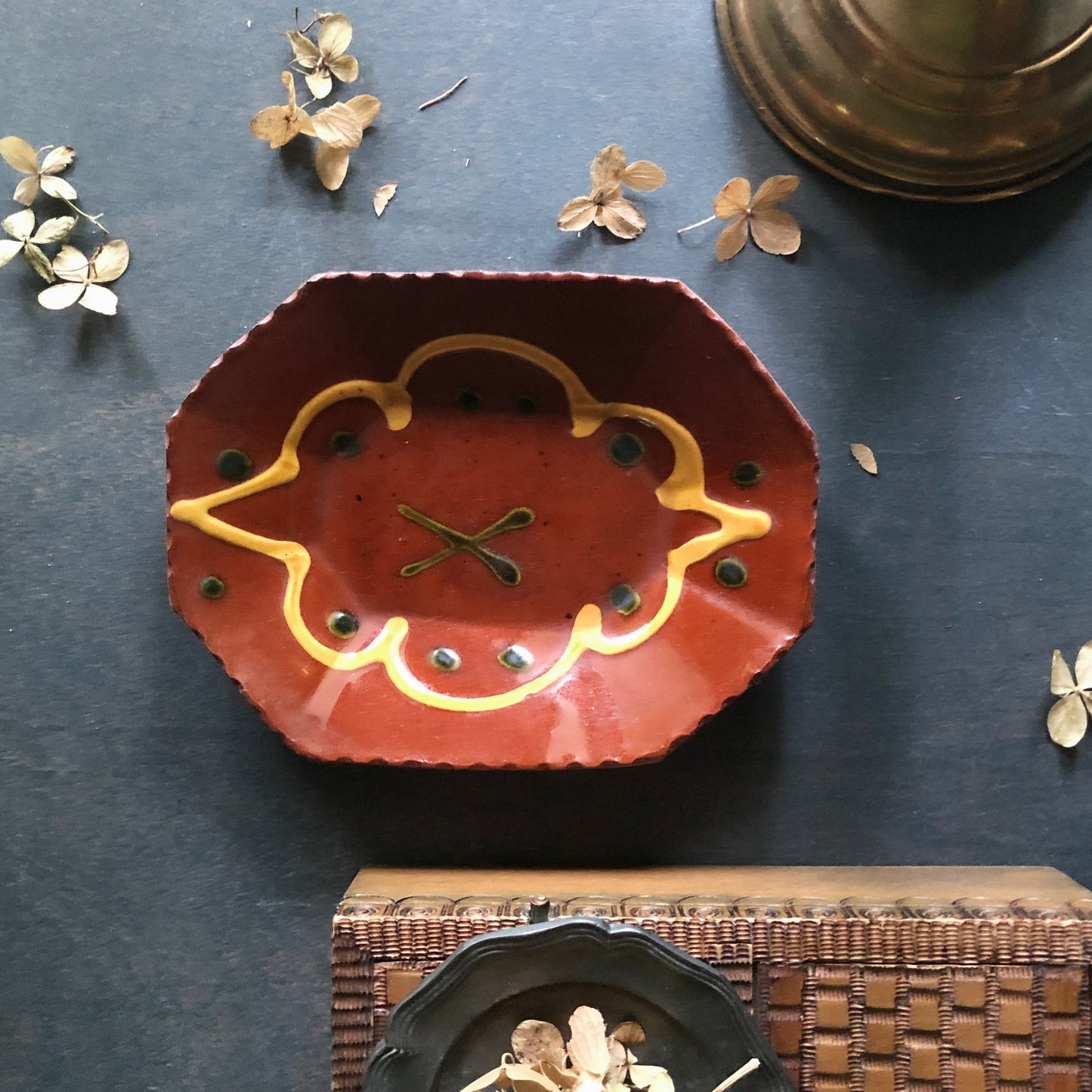 Vintage Breininger Miniature Redware Dishes and Pewter Plate (c.1980s)