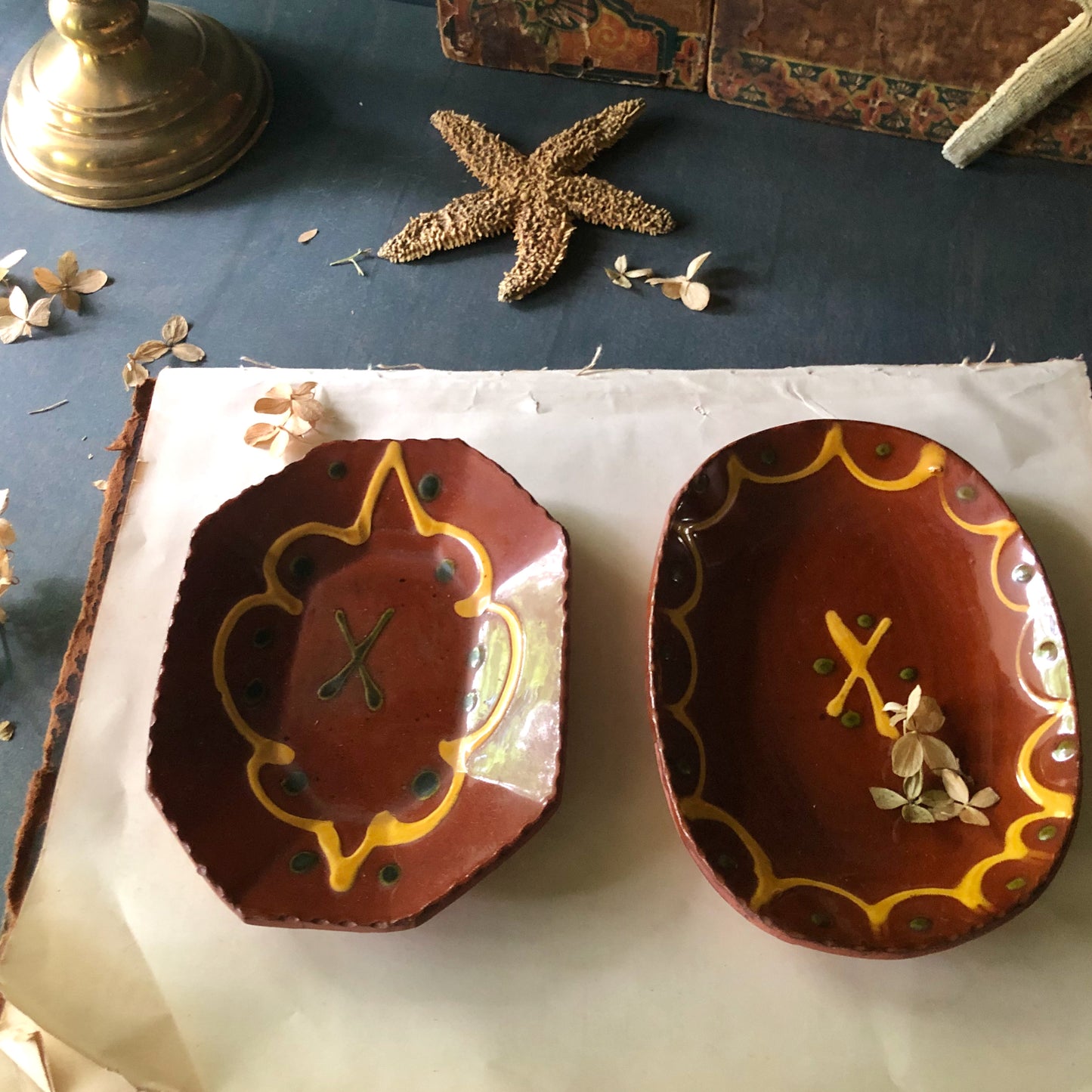 Vintage Breininger Miniature Redware Dishes and Pewter Plate (c.1980s)