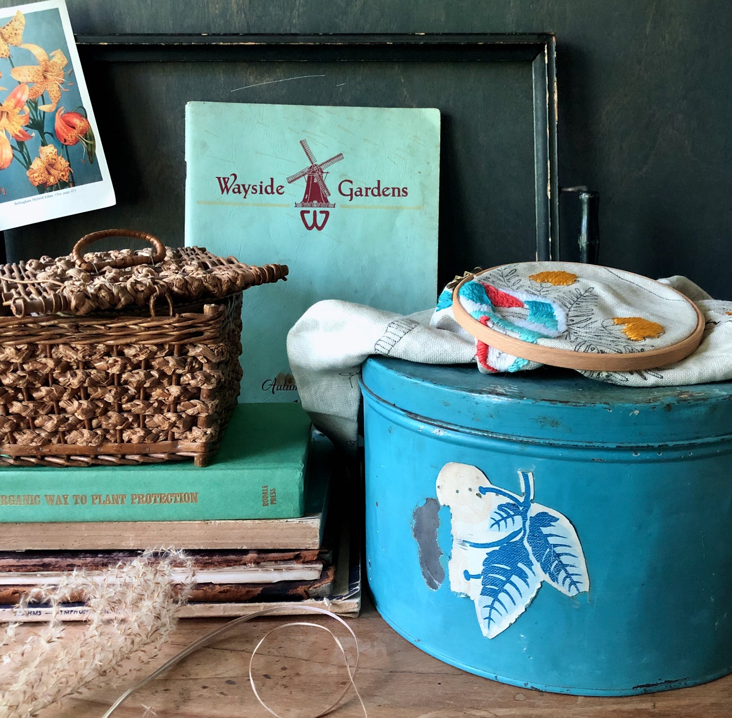 Rustic Old Blue Storage Tin with Decals (c.1900s)