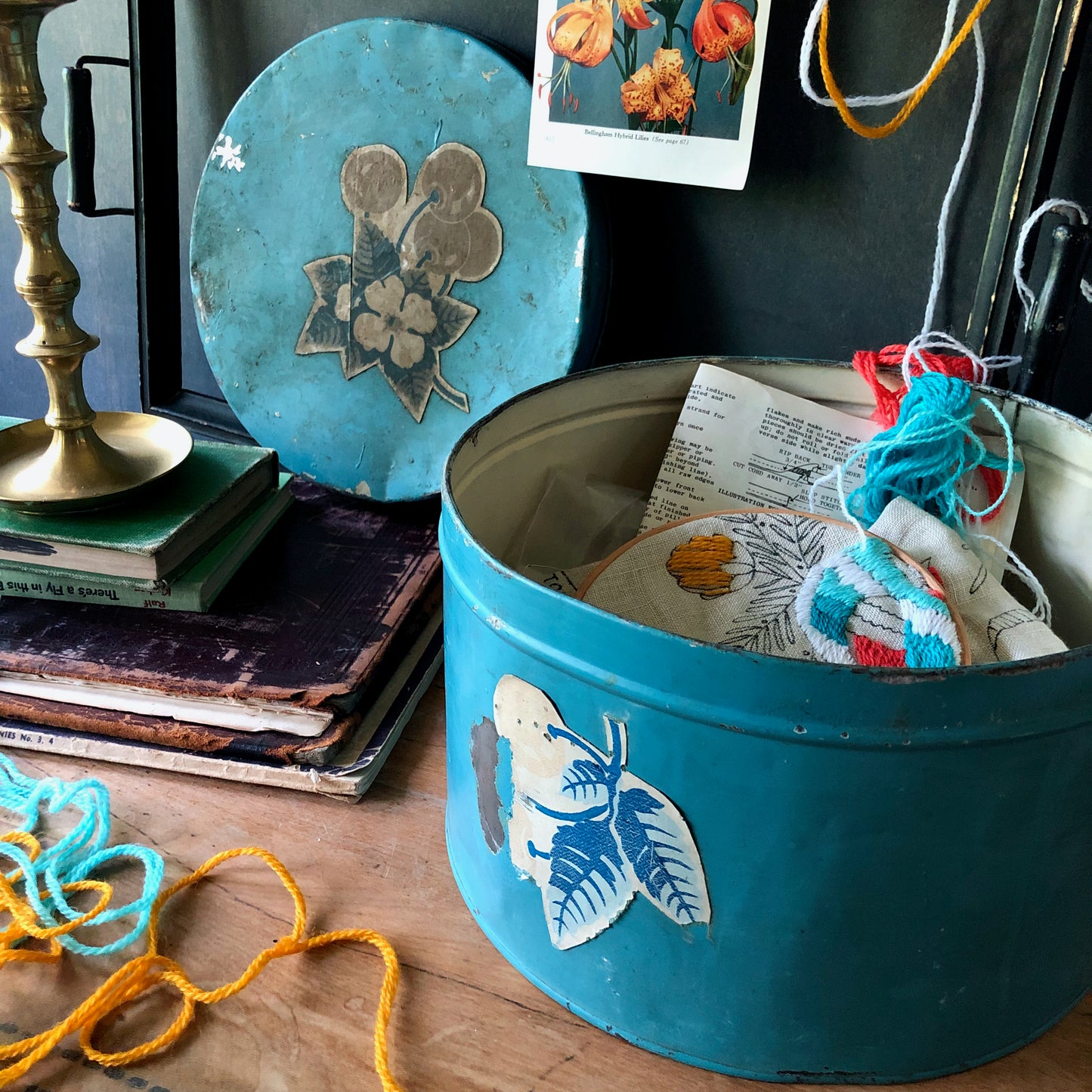 Rustic Old Blue Storage Tin with Decals (c.1900s)