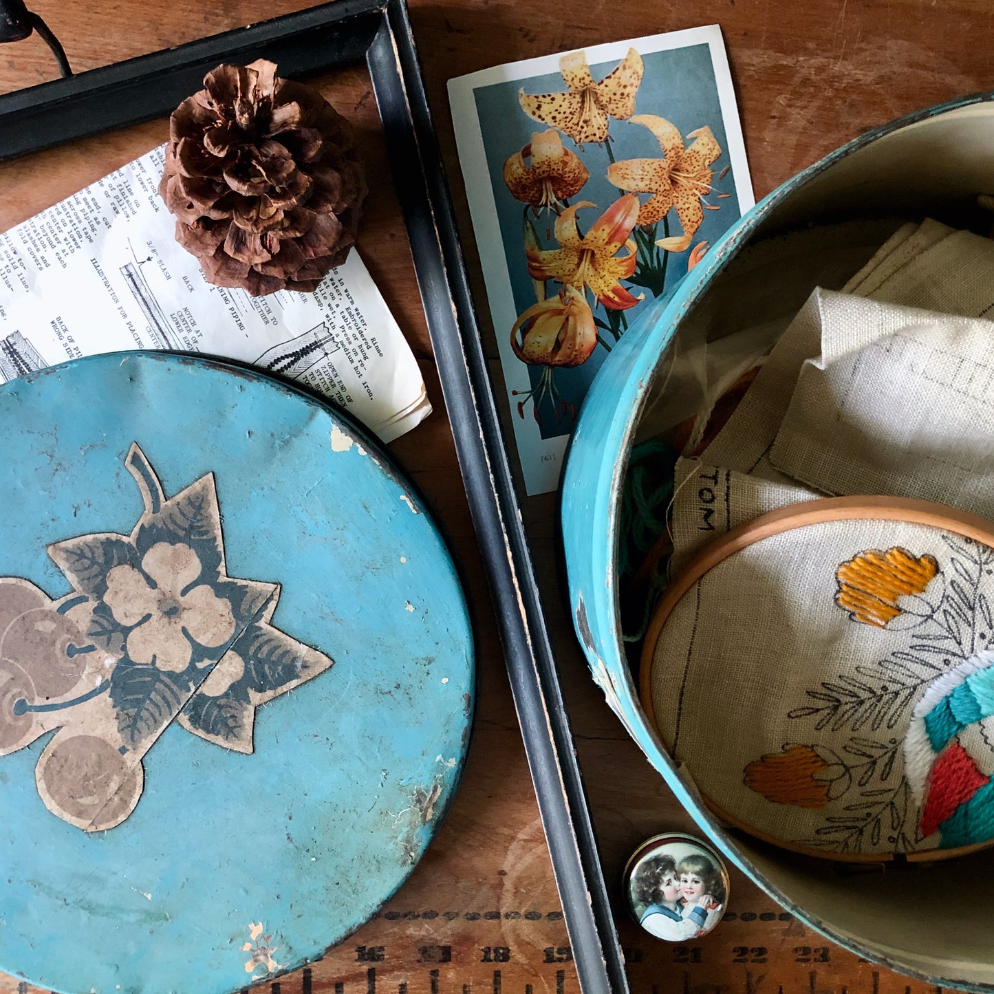 Rustic Old Blue Storage Tin with Decals (c.1900s)