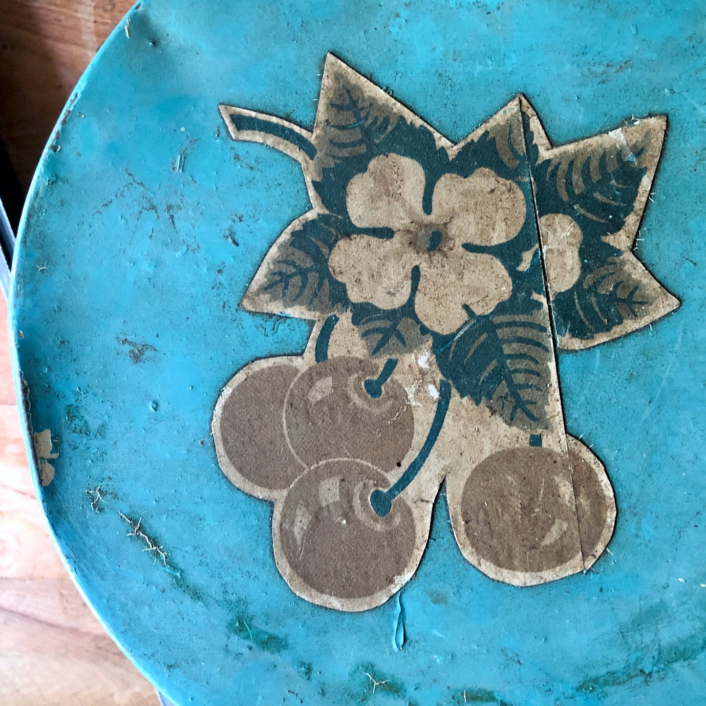 Rustic Old Blue Storage Tin with Decals (c.1900s)