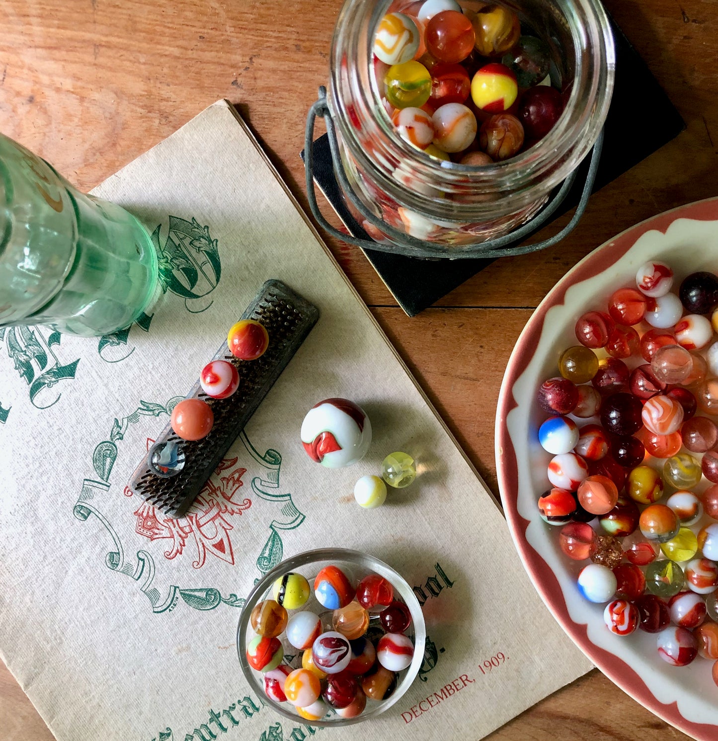 100 Antique and Vintage Marbles in Warm Colors of Red, Orange, Yellow