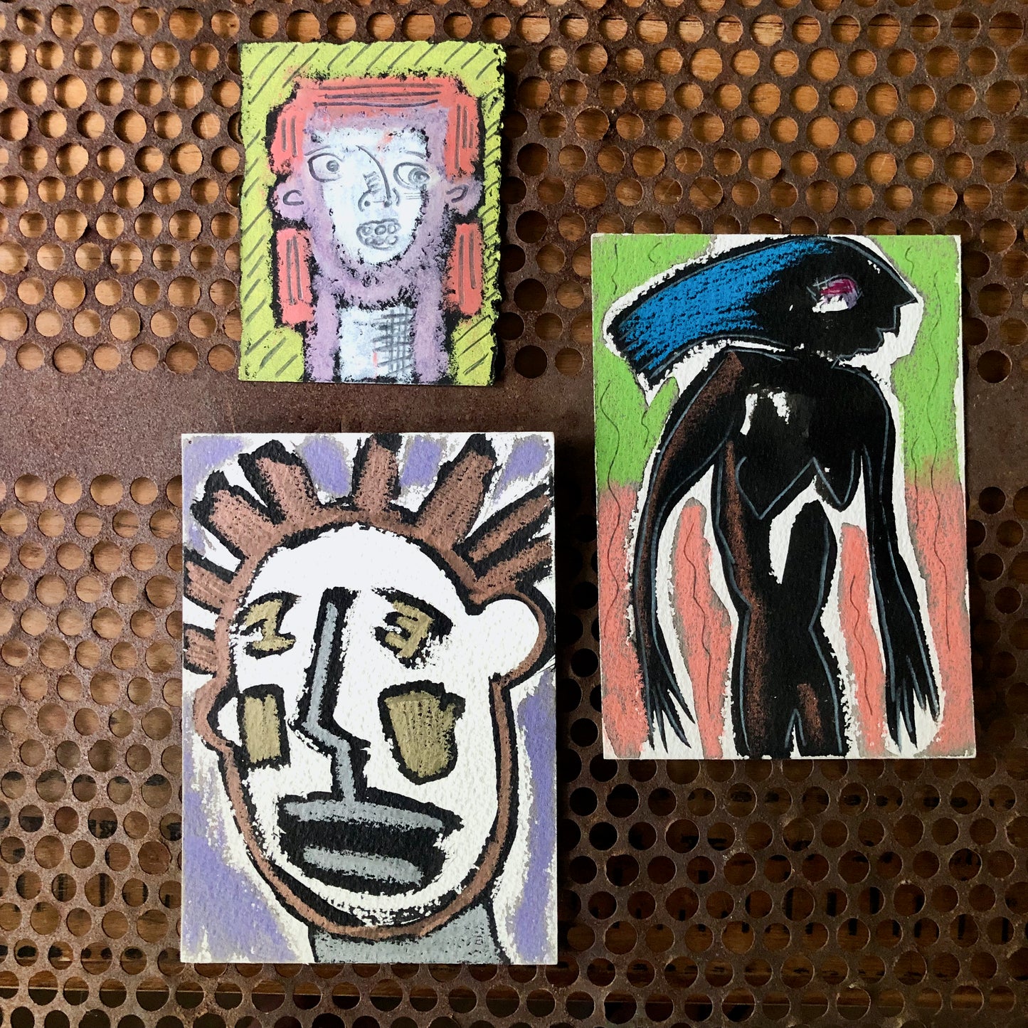 Reserved - Abstract Outsider Mixed Media Portraits, Set of 3