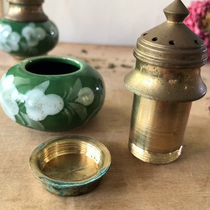 Vintage Thai Porcelain and Brass Condiment Set