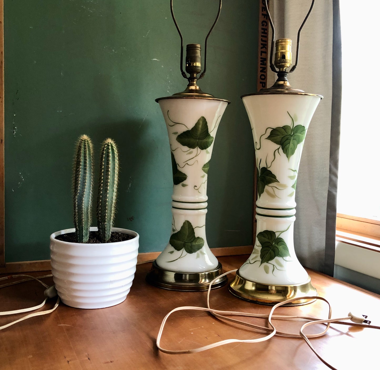 Vintage Leviton Milk Glass and Green Ivy Table Lamps (c.1950s)