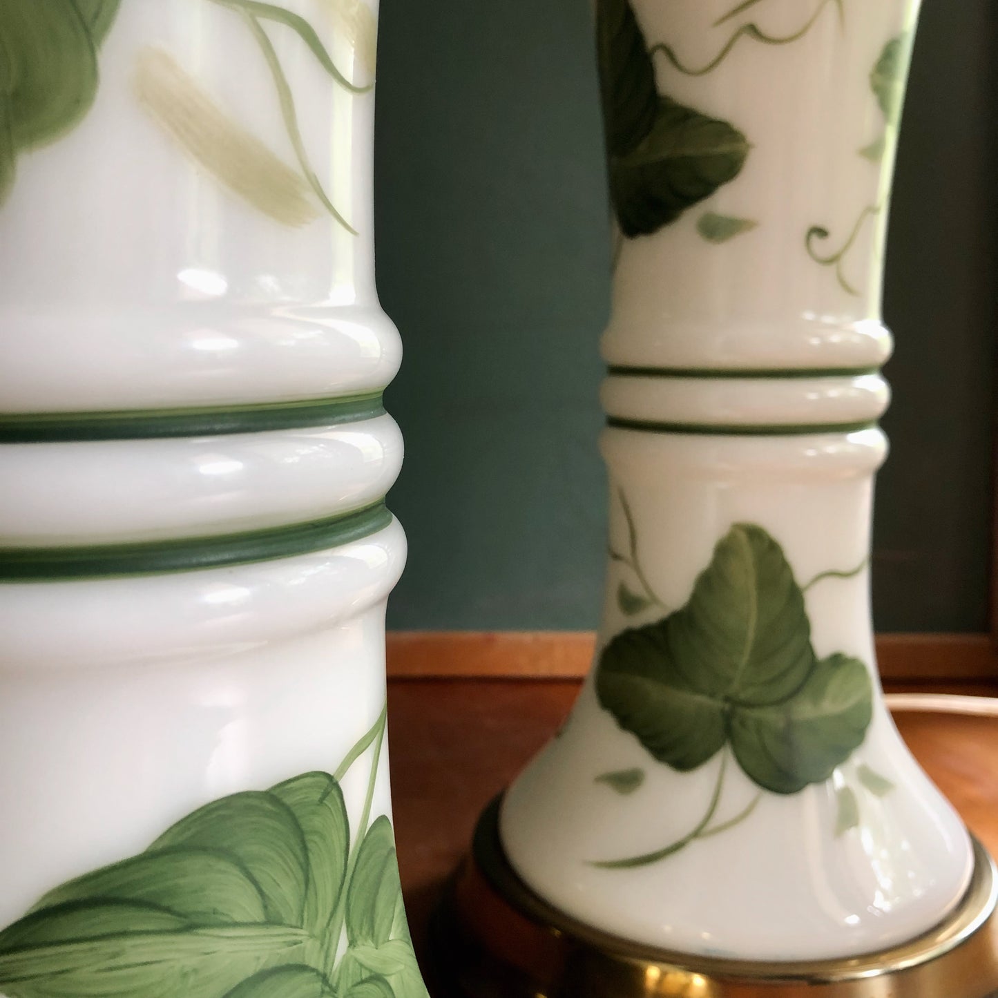 Vintage Leviton Milk Glass and Green Ivy Table Lamps (c.1950s)