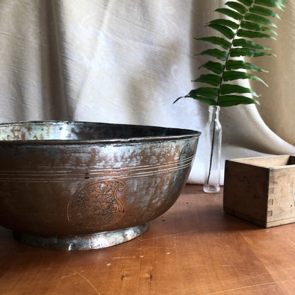 Antique Engraved Tinned Copper Bowl from Persia