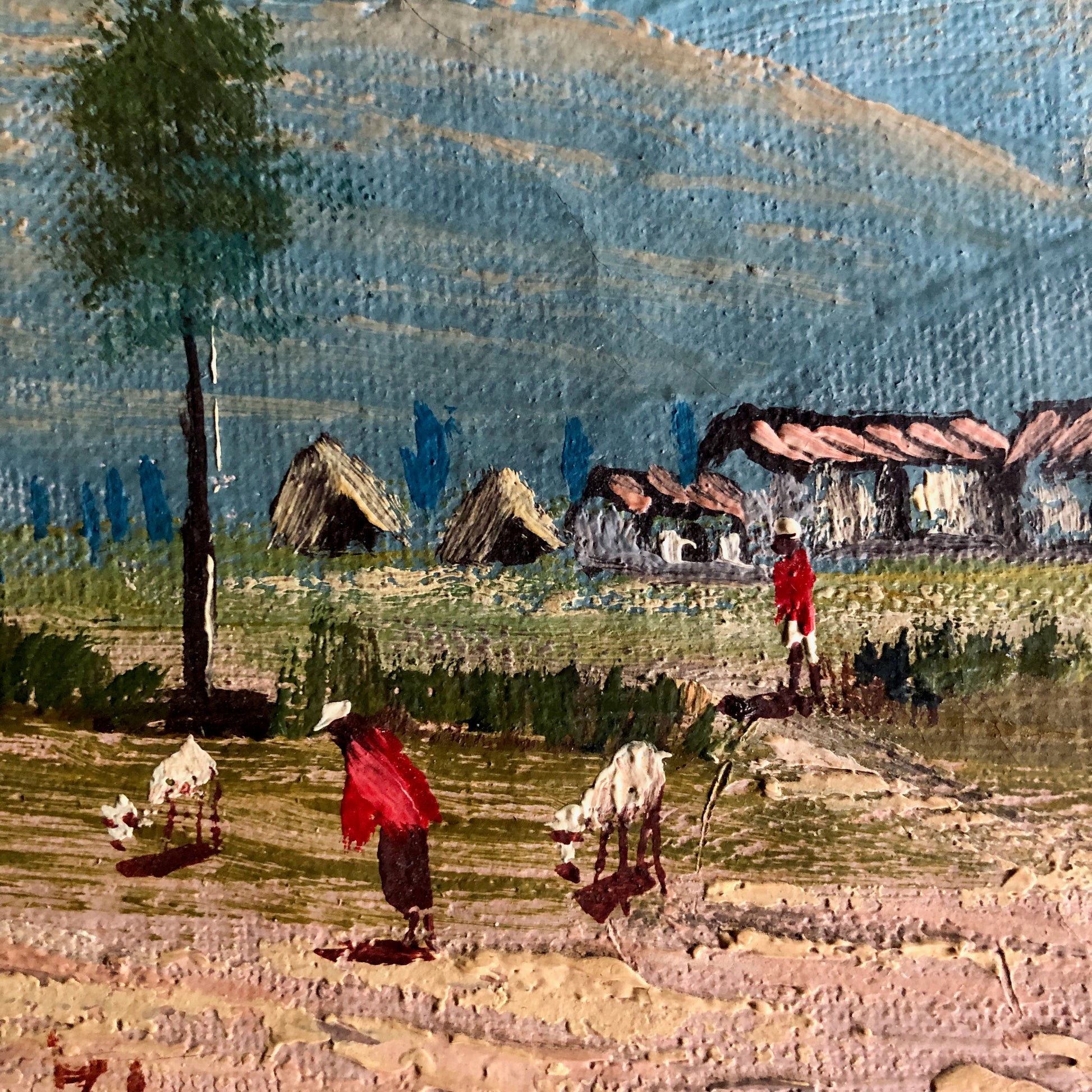 Vintage Landscape Painting of Rural Mountain Village