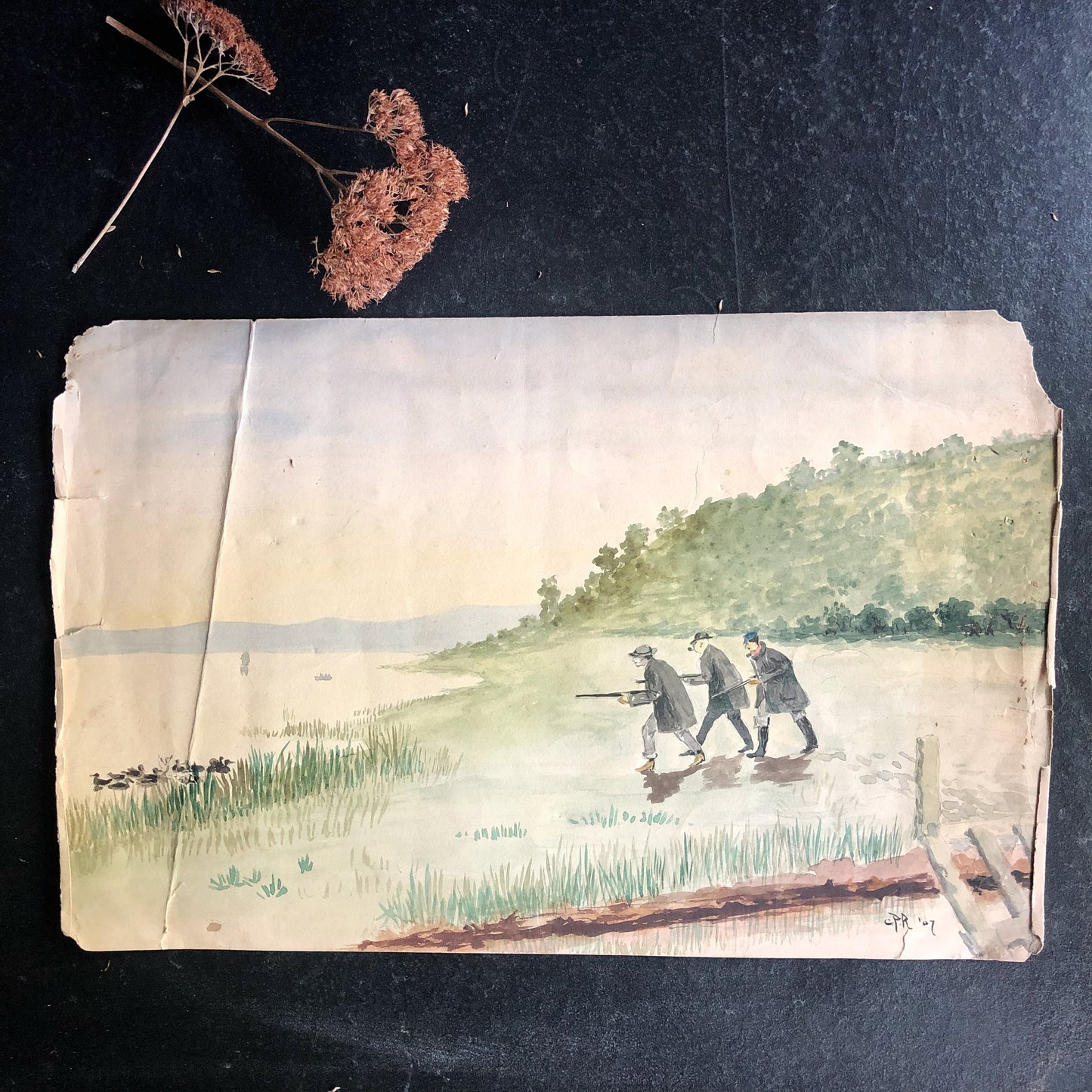 Antique Watercolor Painting of Duck Hunters (c.1907)